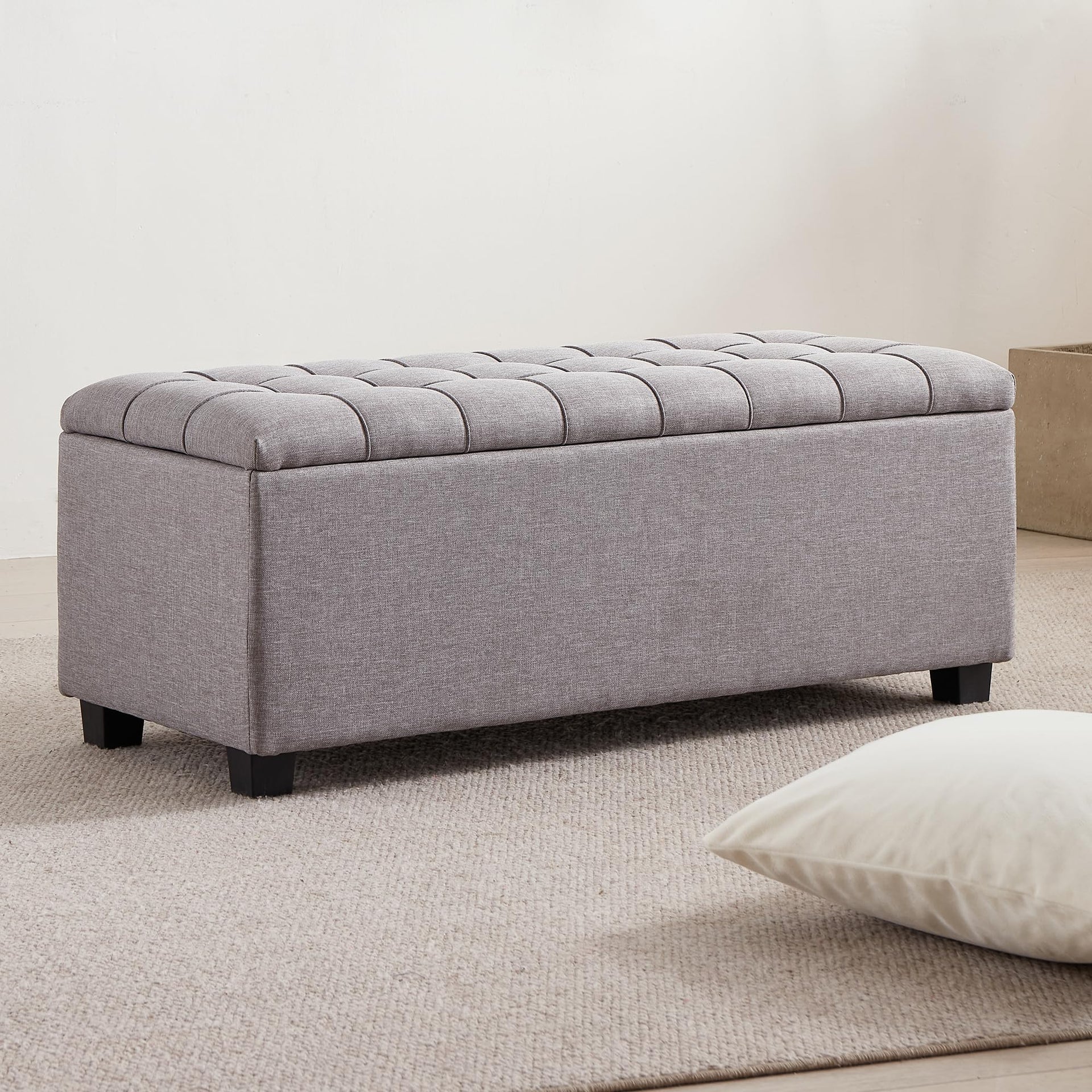 Large Soft Gray Fabric 38 Inch Storage Bench with Hinged Lid and Foot Rest