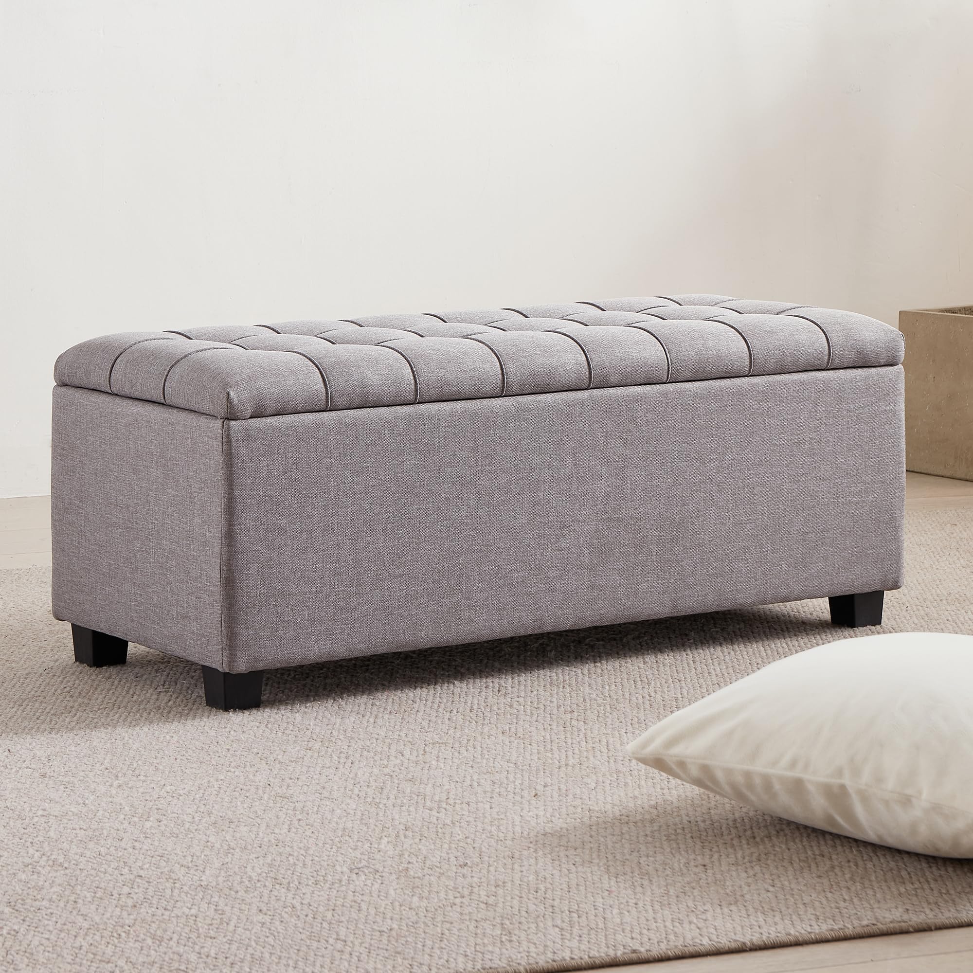 Large Soft Gray Fabric 38 Inch Storage Bench with Hinged Lid and Foot Rest
