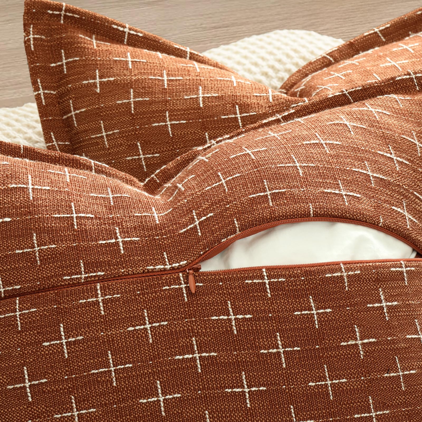 Fall Pillow Covers 24x24 Set of 2 Soft Polyester Textured Rust Pillow Covers with Stylish Flange Edge Cozy Farmhouse Throw Pillows for Couch Bed Sofa Living Room Fall Decor (2 Count)
