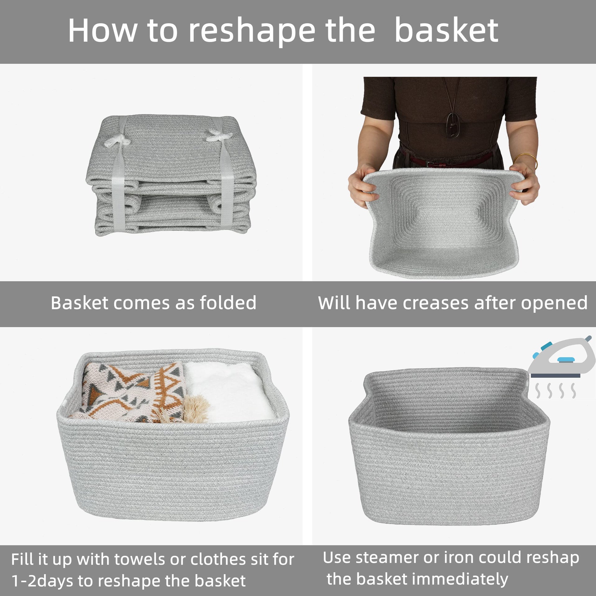 Woven Cotton Rope Storage Baskets 15x10x9.3" 3 Pack Grey