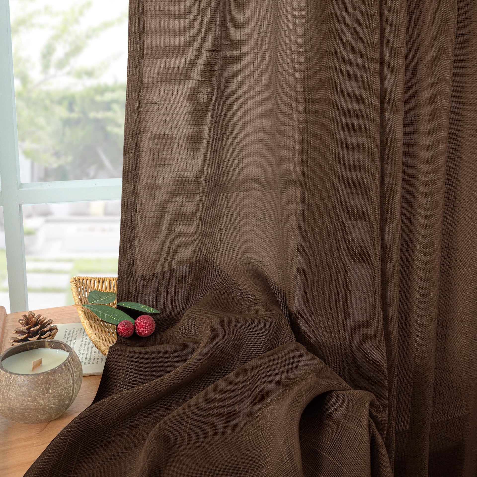 Brown Linen Curtains 40 Inches Long for Kitchen Window (2 Count)