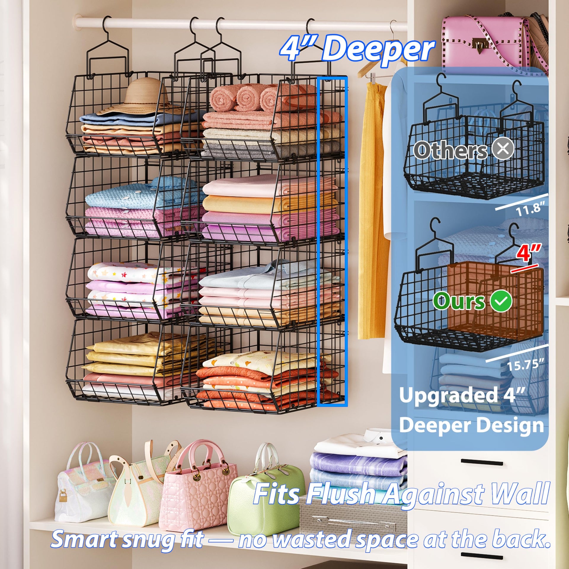 6 Tier Extended Depth Hanging Closet Organizers and Storage for Closet Organization (6 Count)