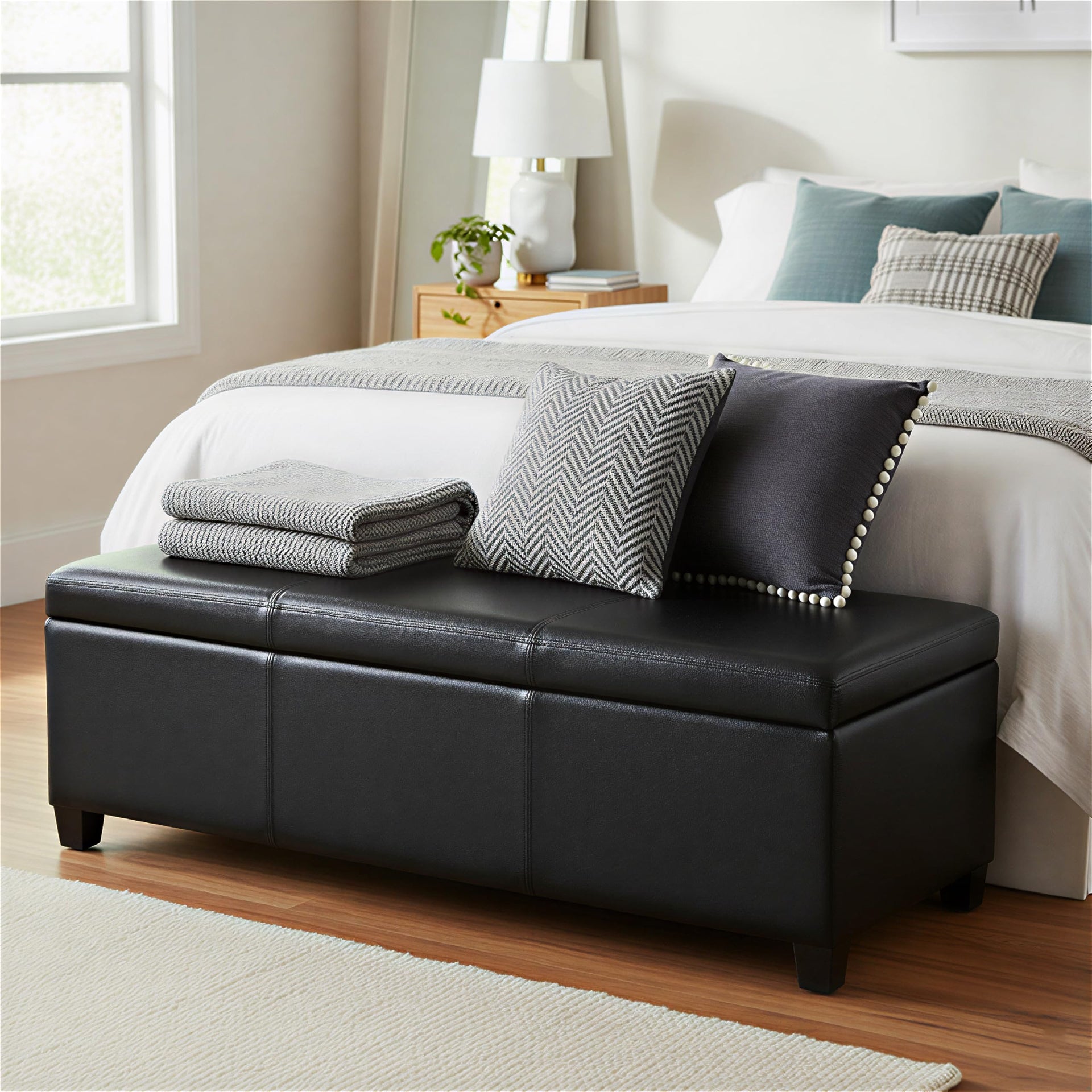 Avalon 48" Wide Vegan Leather Ottoman in Carbon Black