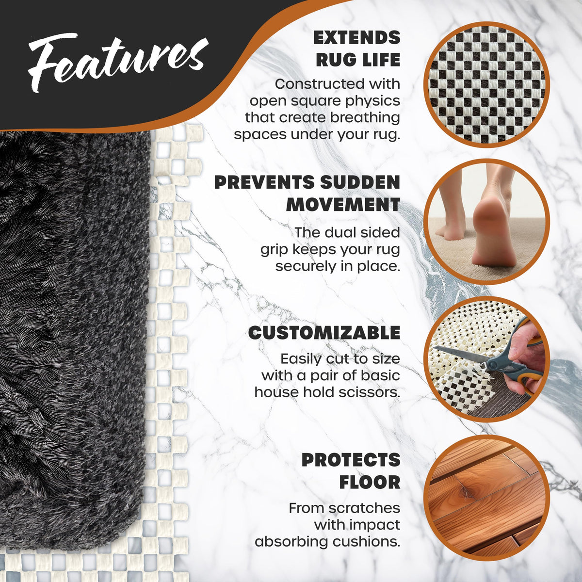 3 ft x60 ft White Non Skid Rug Pad Roll for Hallway Rugs & Runners (180 Sq Ft)