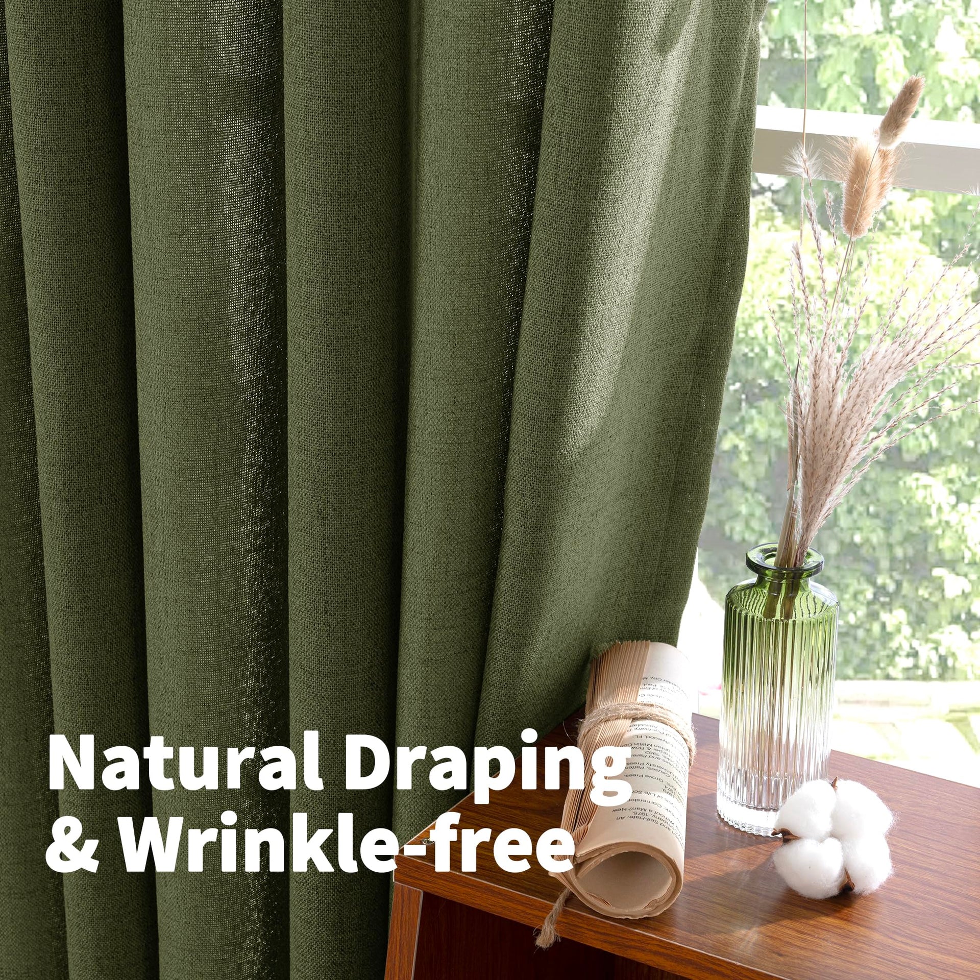 Olive Green Linen Curtains 80 Inch Length for Living Room (2 Count)