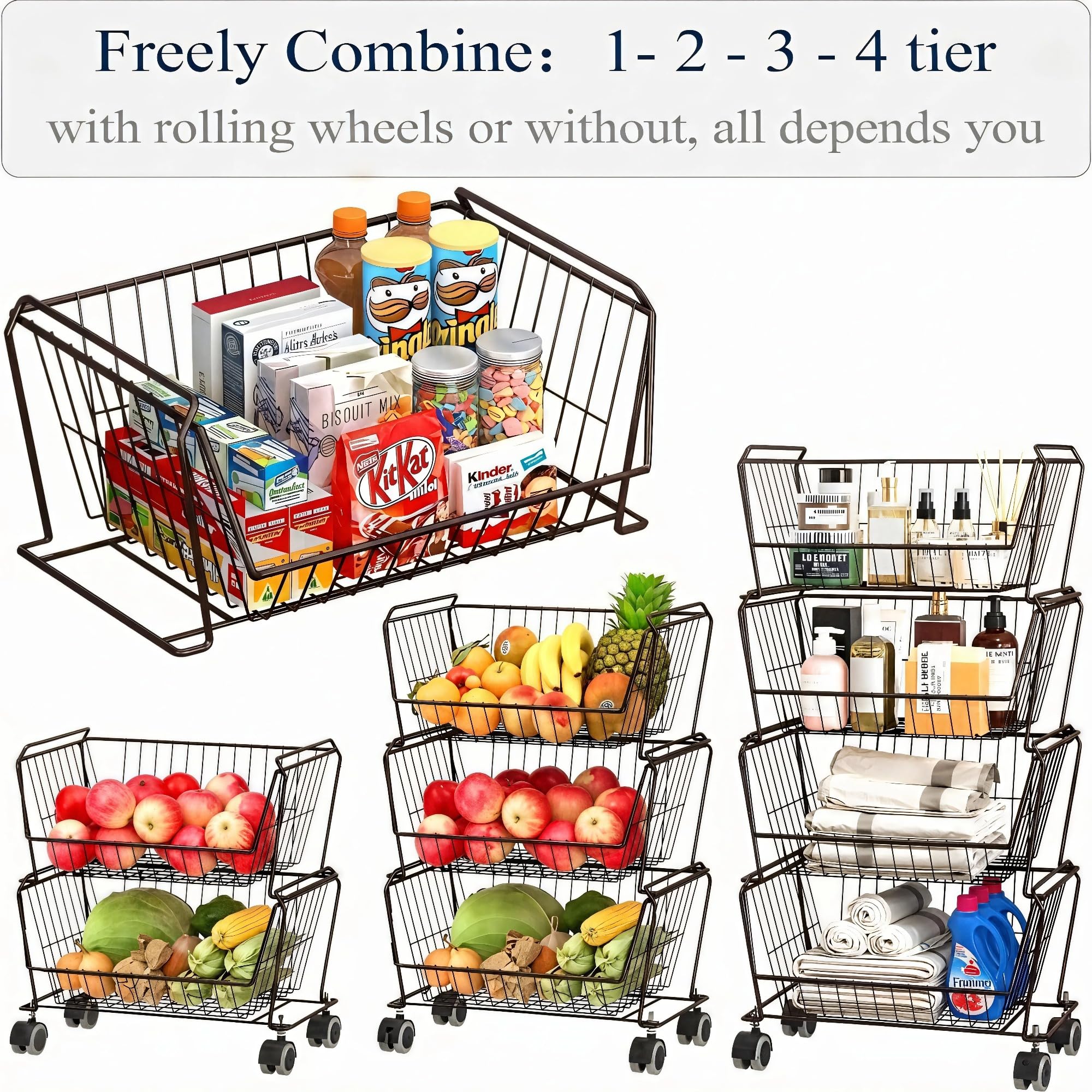 4 Tier Large Stackable Wire Storage Baskets with Wheels