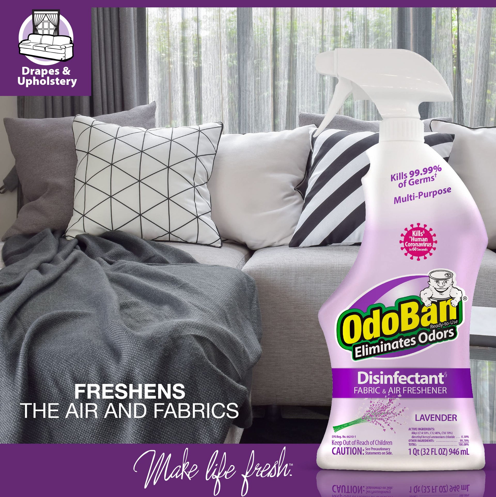 Ready-to-Use Disinfectant and Harsh Aroma Eliminator, Cleaner and Fabric/Air Freshener, Set of 2, 14.6 Ounce 360-Degree Continuous Spray and 32 Ounce Trigger Spray, Lavender Scent (46.6 Fl Oz)