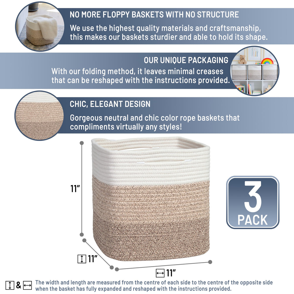 Storage Cubes 11 Inch Cotton Rope Woven Baskets for Organizing (3 Count)