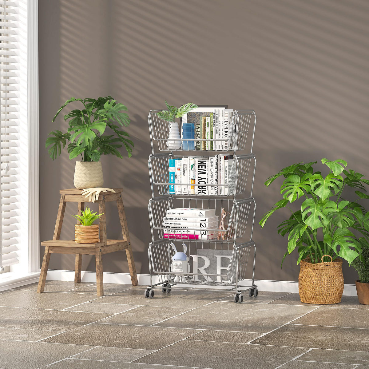 4 Tier Large Stackable Wire Storage Baskets with Wheels (4 Count)