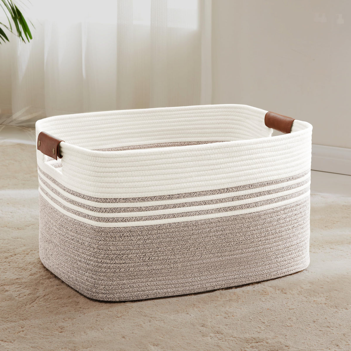 72L Large Woven Laundry Basket Hamper with Leather Handles - ModHome Supplies