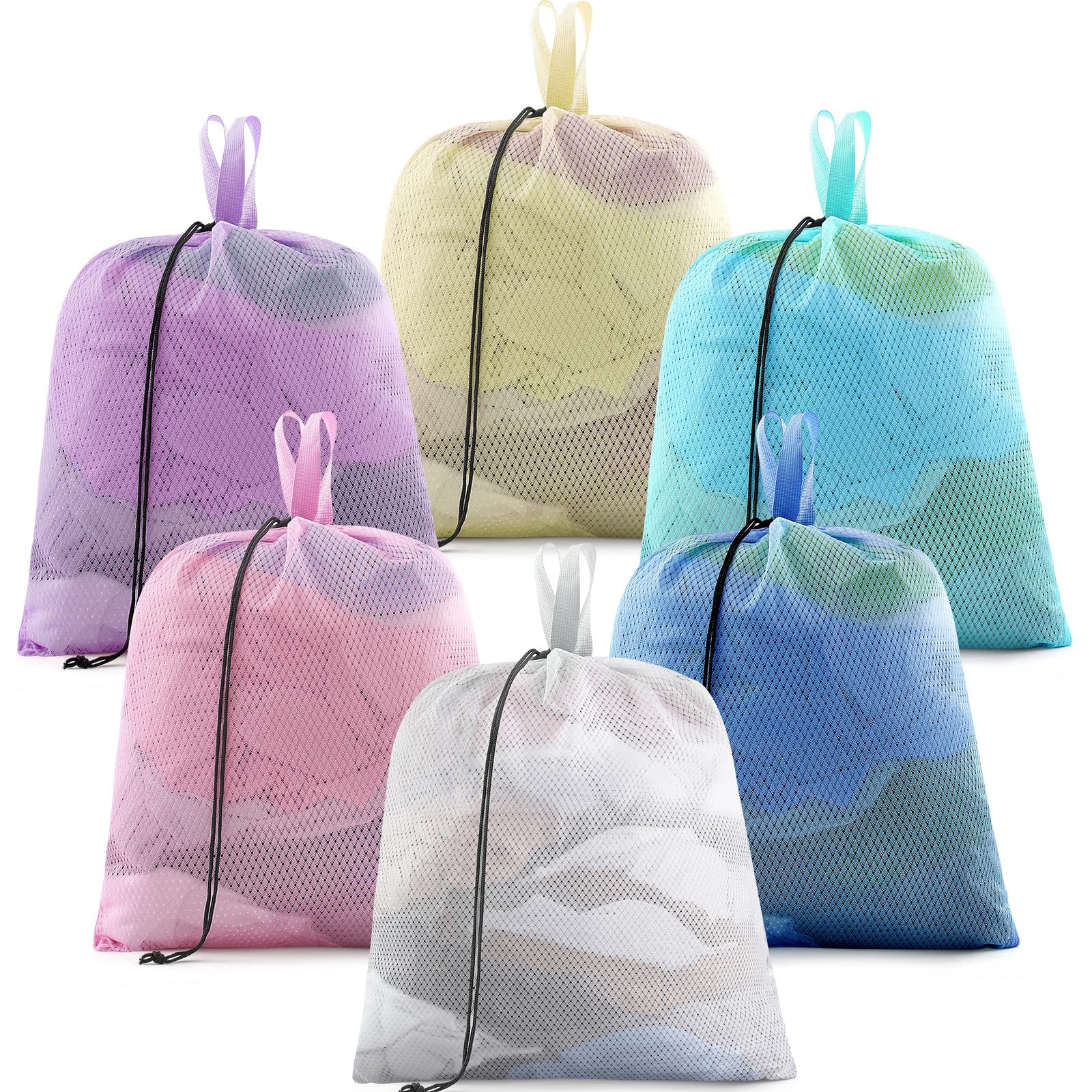 6 Pack 20 x 17 Inches Colorful Mesh Laundry Bag Soft with Handles Medium Machine Washable Secure Drawstring Closure Sturdy Mesh Net Laundry for College Travel Dorm Laundromat (6 Count)