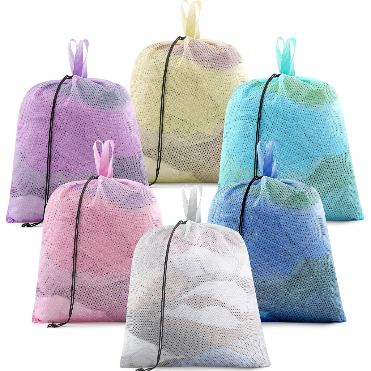 6 Pack 20 x 17 Inches Colorful Mesh Laundry Bag Soft with Handles Medium Machine Washable Secure Drawstring Closure Sturdy Mesh Net Laundry for College Travel Dorm Laundromat (6 Count)