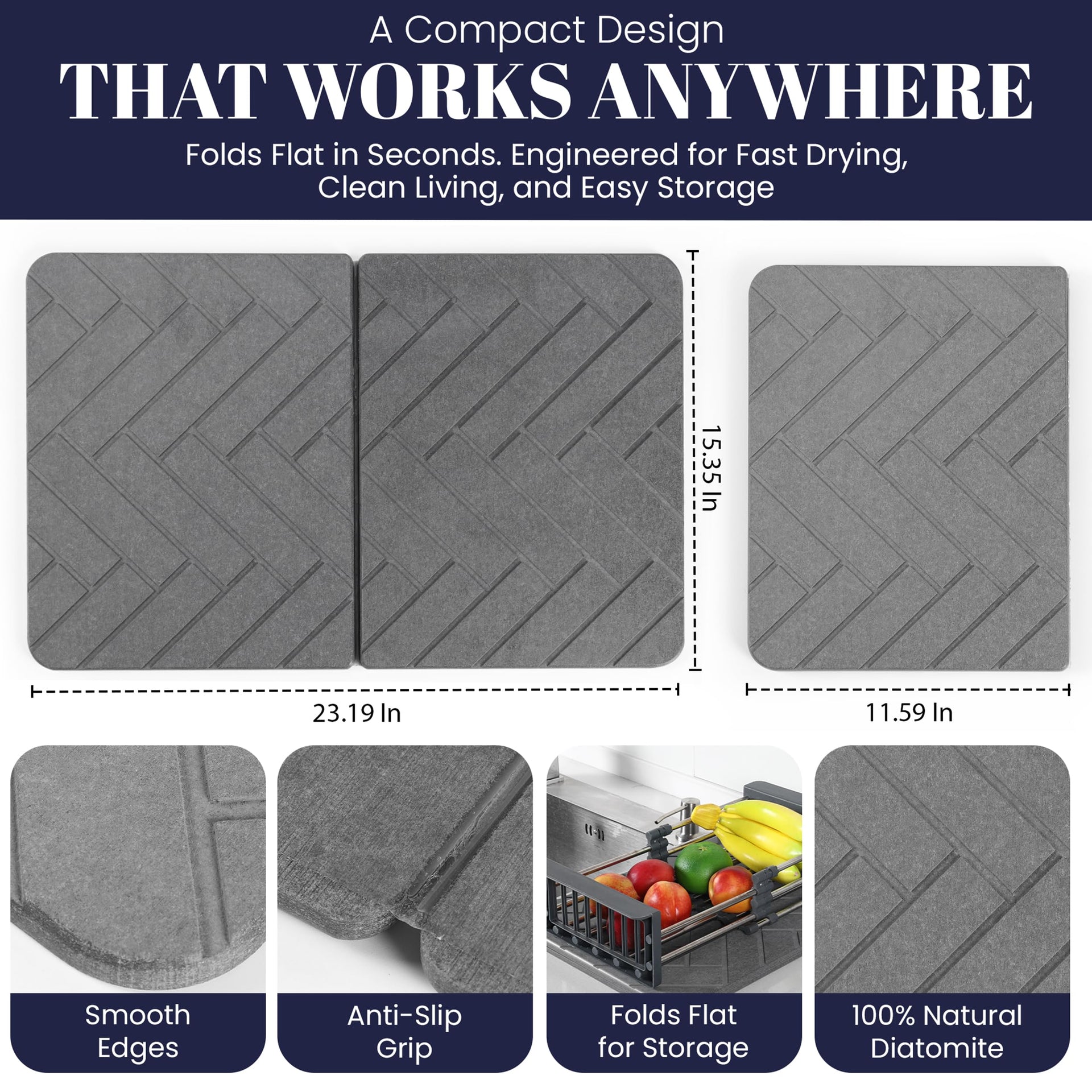 Folding Stone Dish Drying Mat for Kitchen Counter 23"x15"