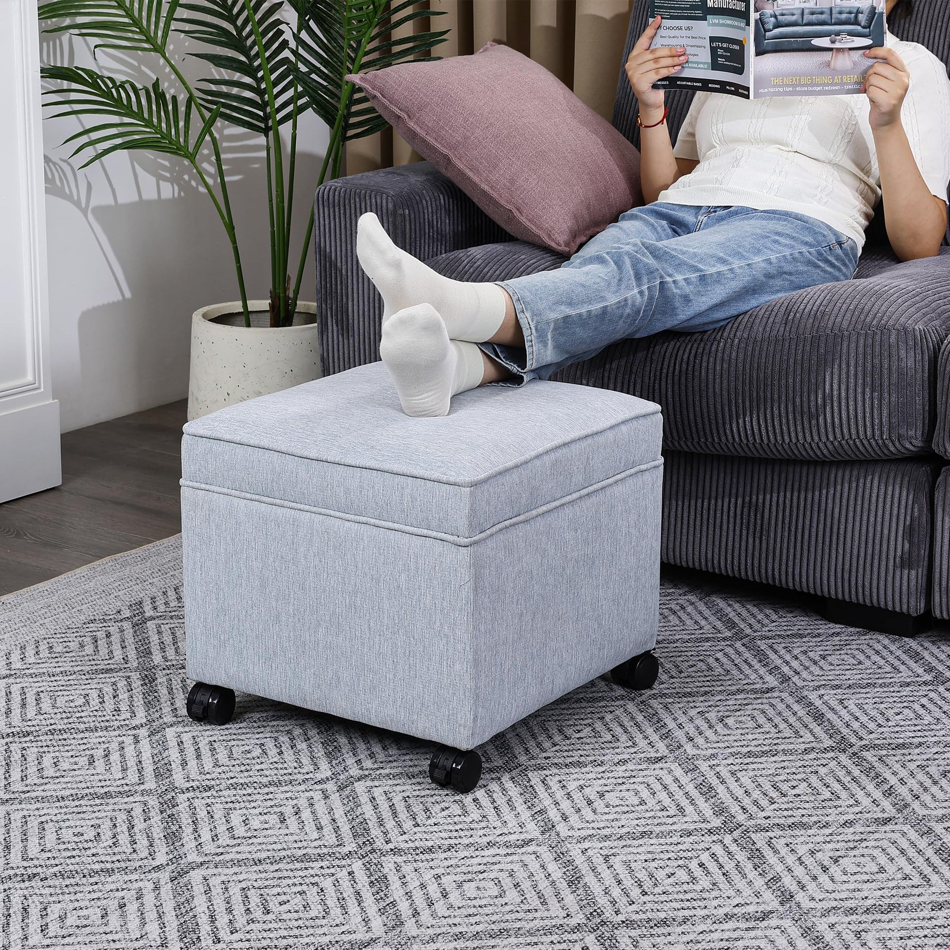 17.5 inch Square Storage Ottoman with Wheels & Flip Top Lid