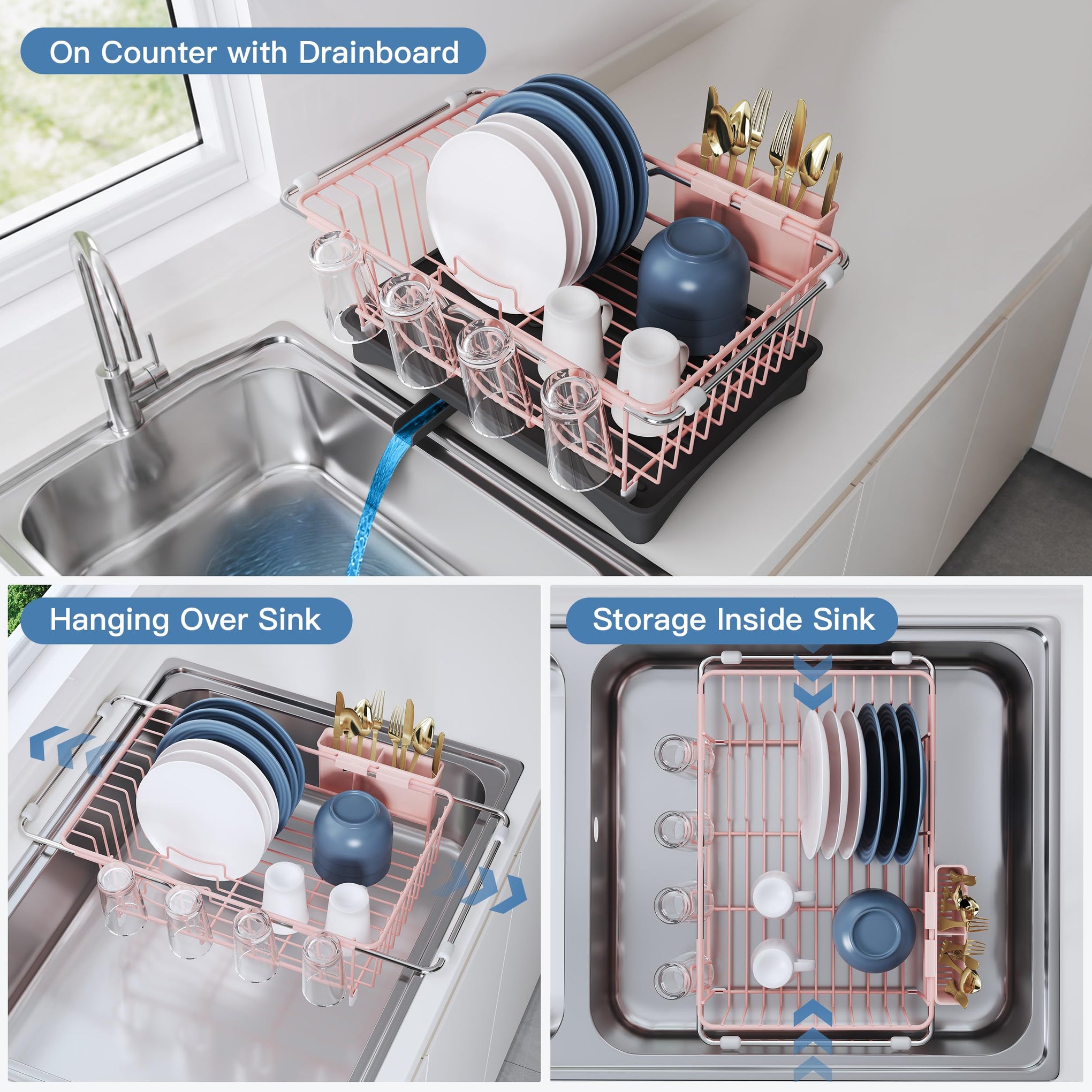 Pink Dish Drying Rack in Sink with Drainboard and Utensil Holder