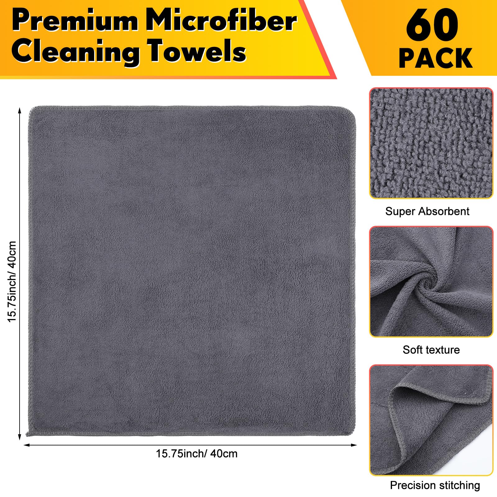 Microfiber Cleaning Cloths for Cars 16 x 16 Inch Ultra Absorbent Car Towels Drying Reusable Cleaning Supplies House Kitchen Window Microfiber Towel (60 Count)