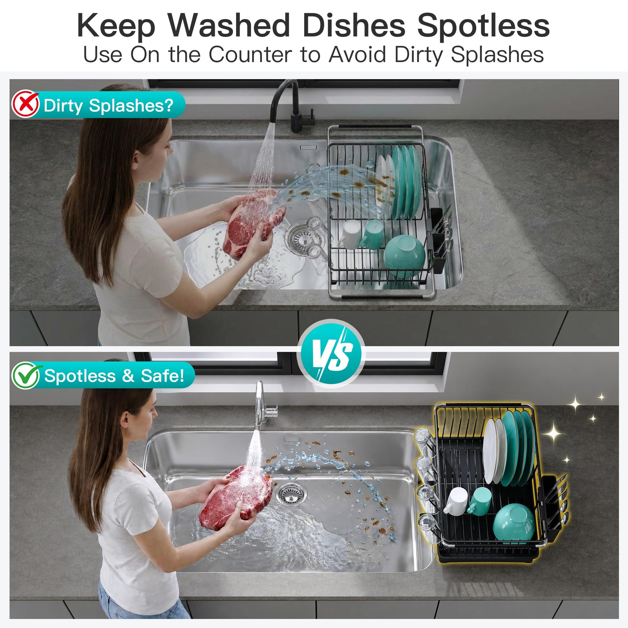 Black Dish Drying Rack in Sink with Drainboard and Utensil Holder