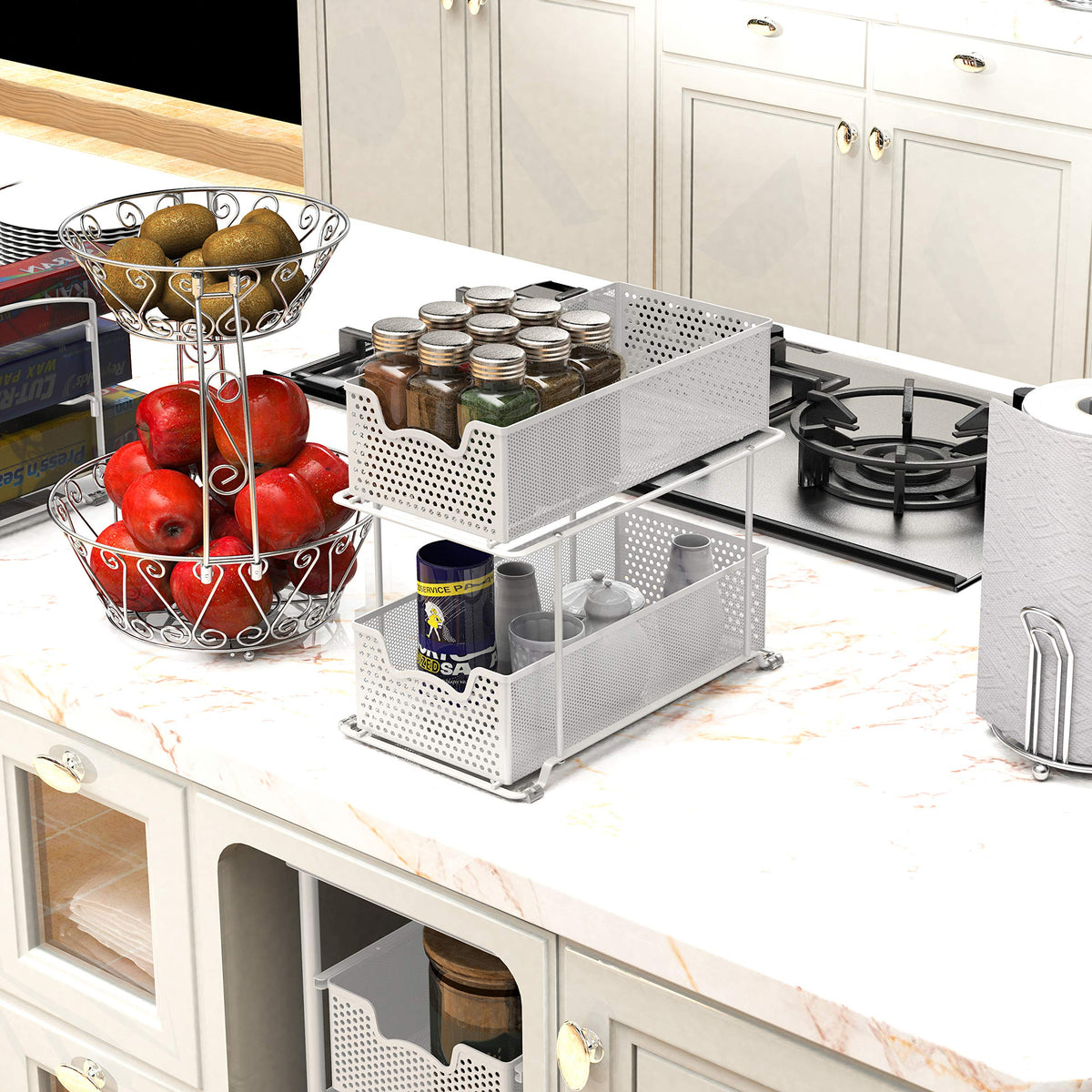 2 Tier Sliding Cabinet Basket Organizer Drawer
