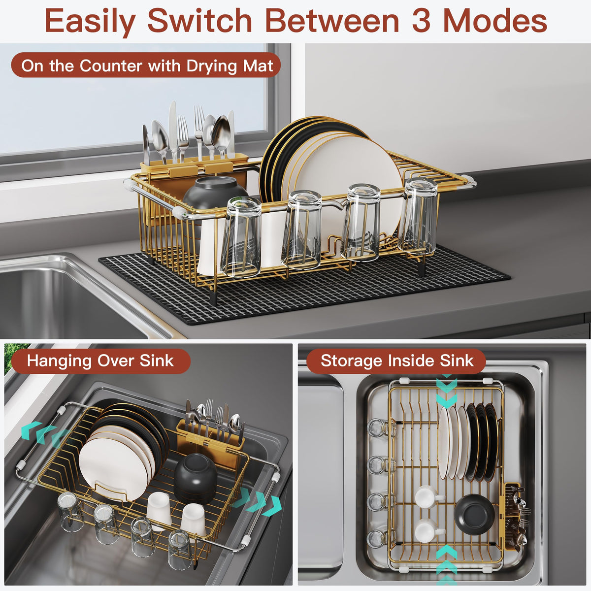Gold Dish Drying Rack in Sink with Mat