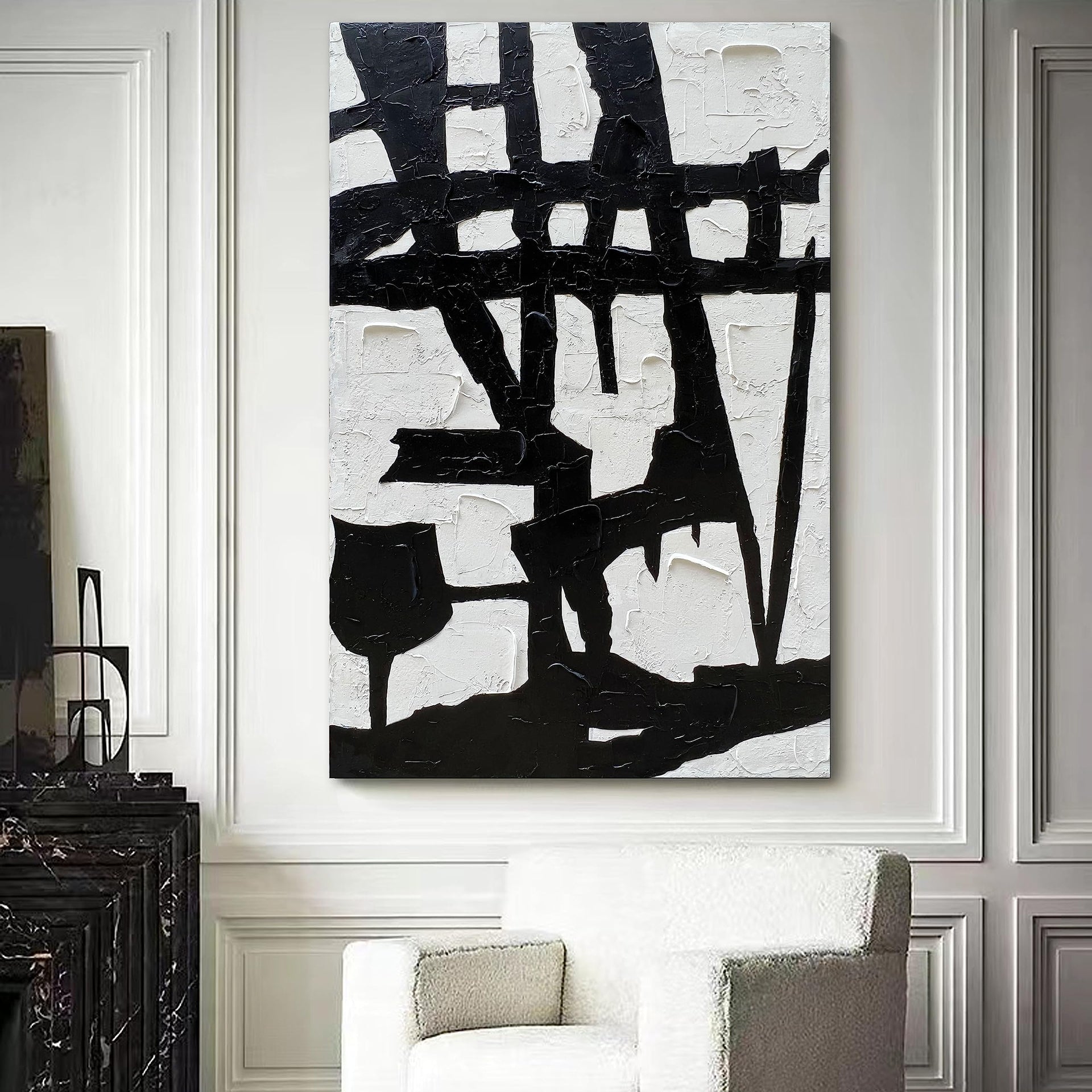 Hand Painted Black and White Wall Art Minimalist Black and White Abstract Painting Large Oil on Canvas Texture Wall Art 45x30 inches