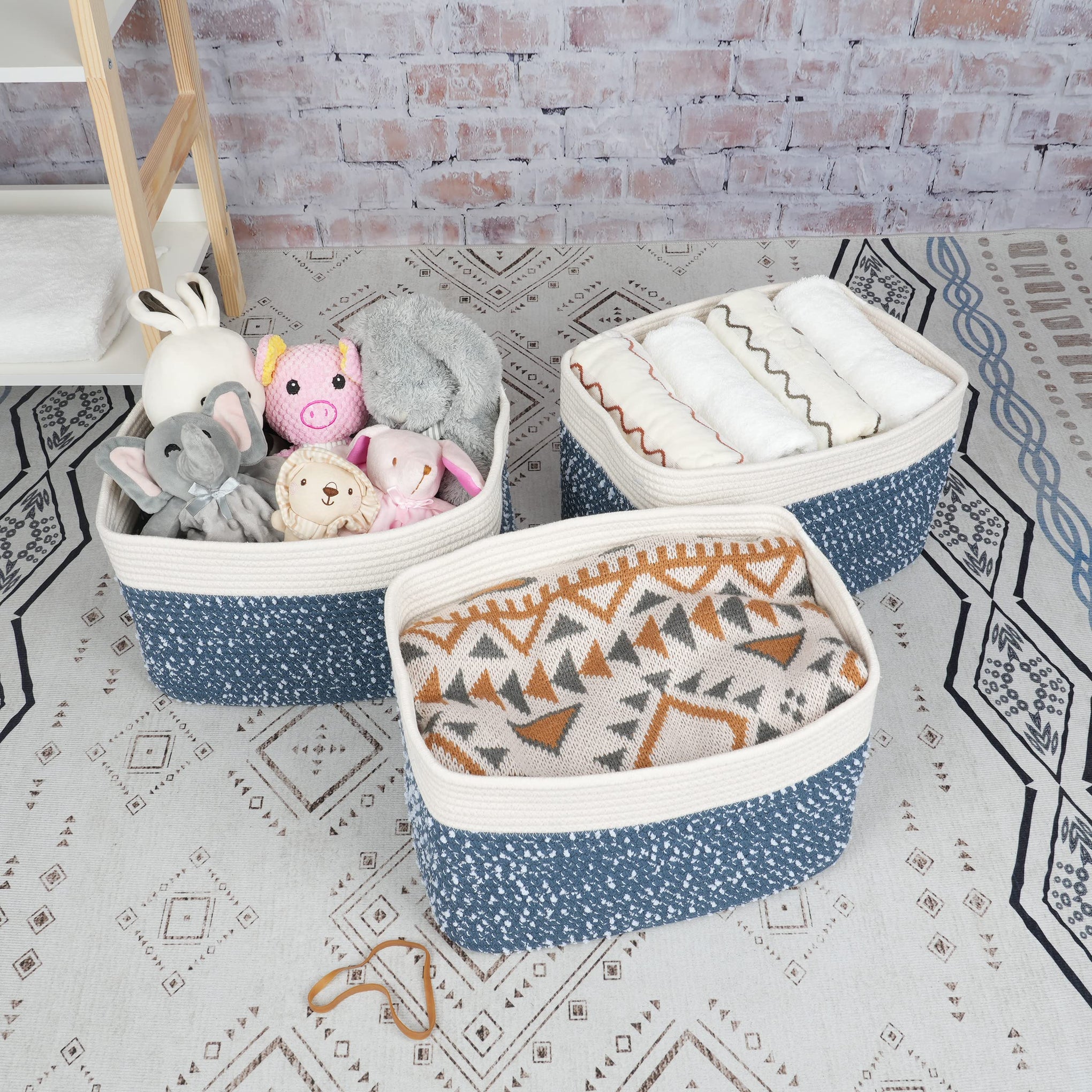 Woven Cotton Rope Storage Baskets 15x10x9.3" 3 Pack White and Blue