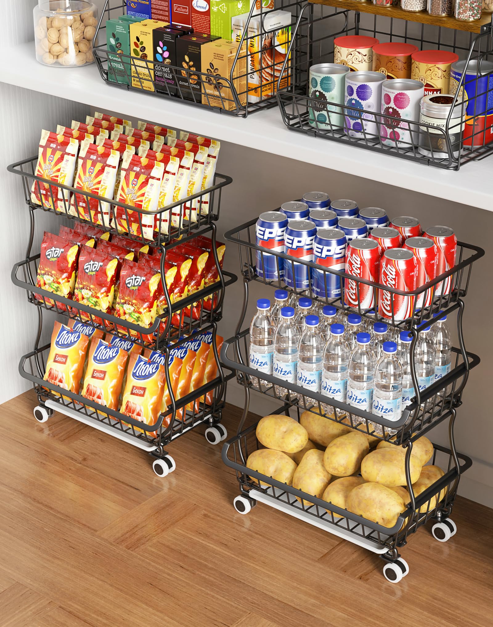 3 Tier Rolling Pantry Floor Organizers and Storage Cart with Wheels (3 Count)