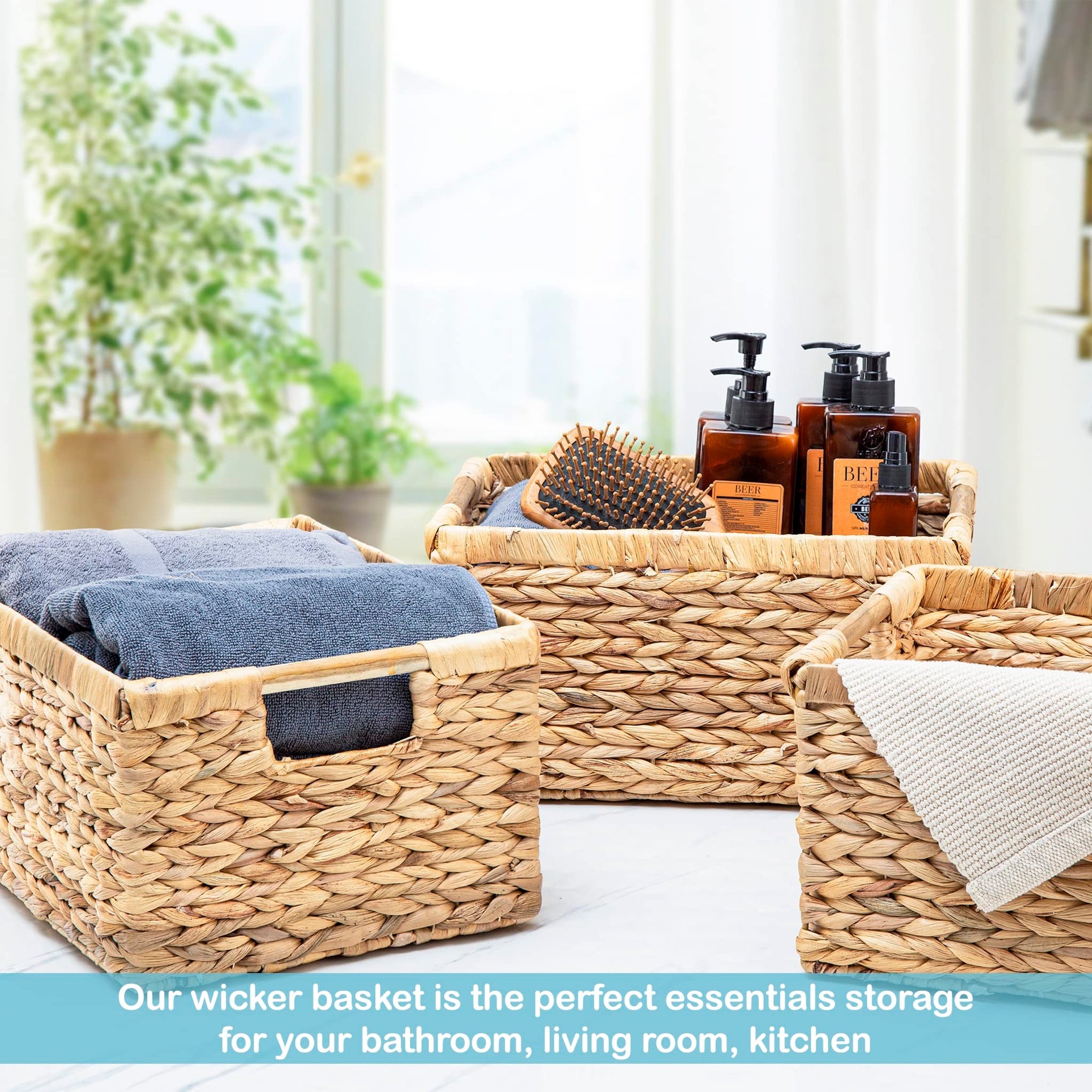 Large Rectangular Wicker Basket with Wooden Handles for Shelves and Storage