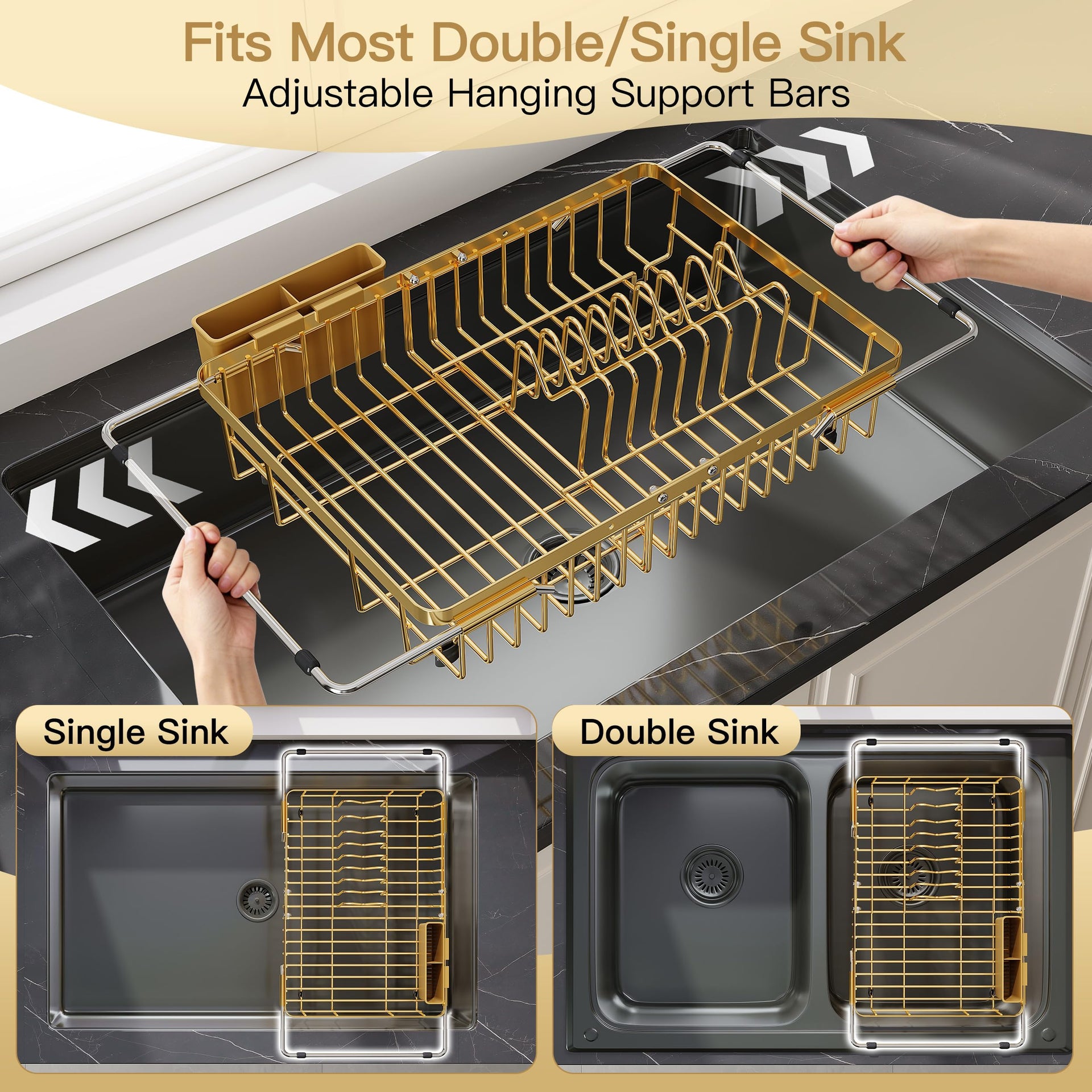 Gold Dish Drying Rack Over the Sink with Utensil Holder