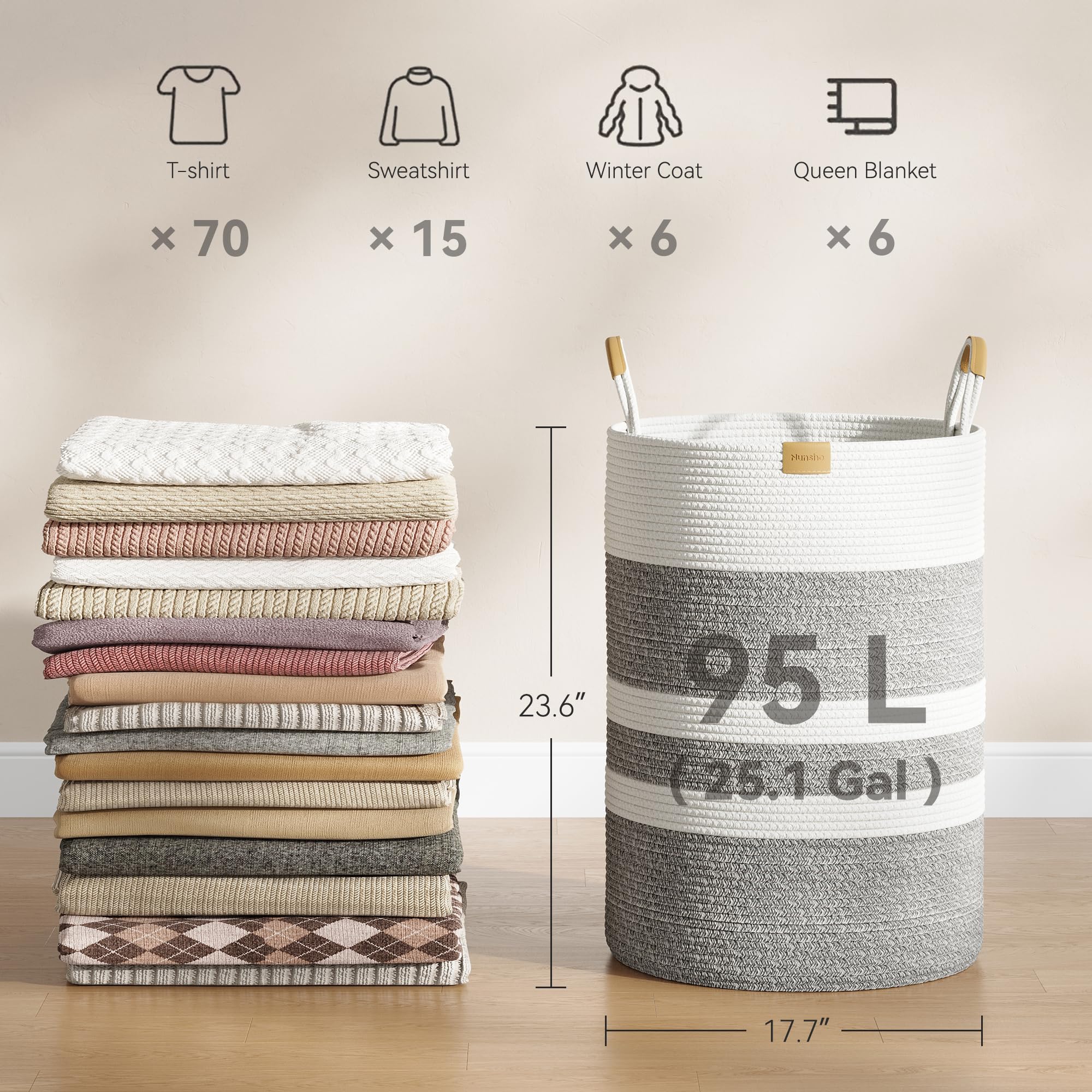 95L Striped Laundry Hamper with Leather Handles