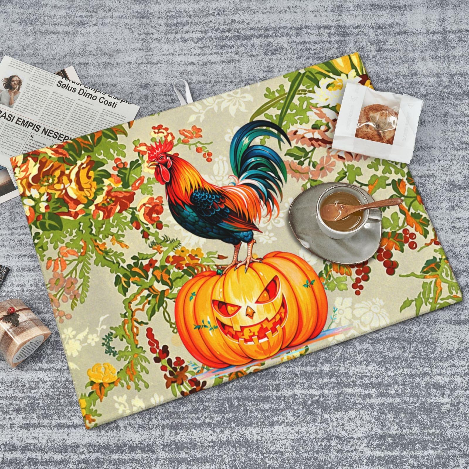 Rooster Pumpkin Dish Drying Mat Highly Absorbent Double