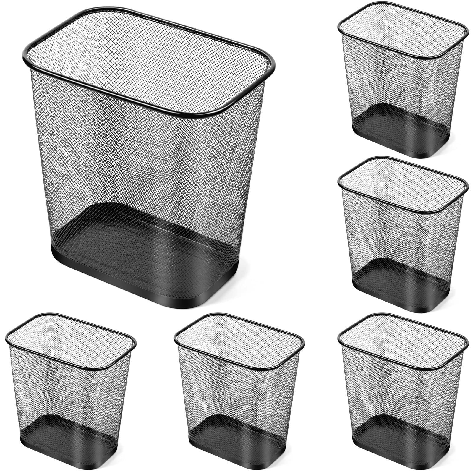 6 Pcs Mesh Square Trash Cans 4 Gallons Wire Wastebasket for Home Black Metal Office Garbage Cans Rectangular Trash Bin for Kitchen Bathroom Bedroom (6 Count)