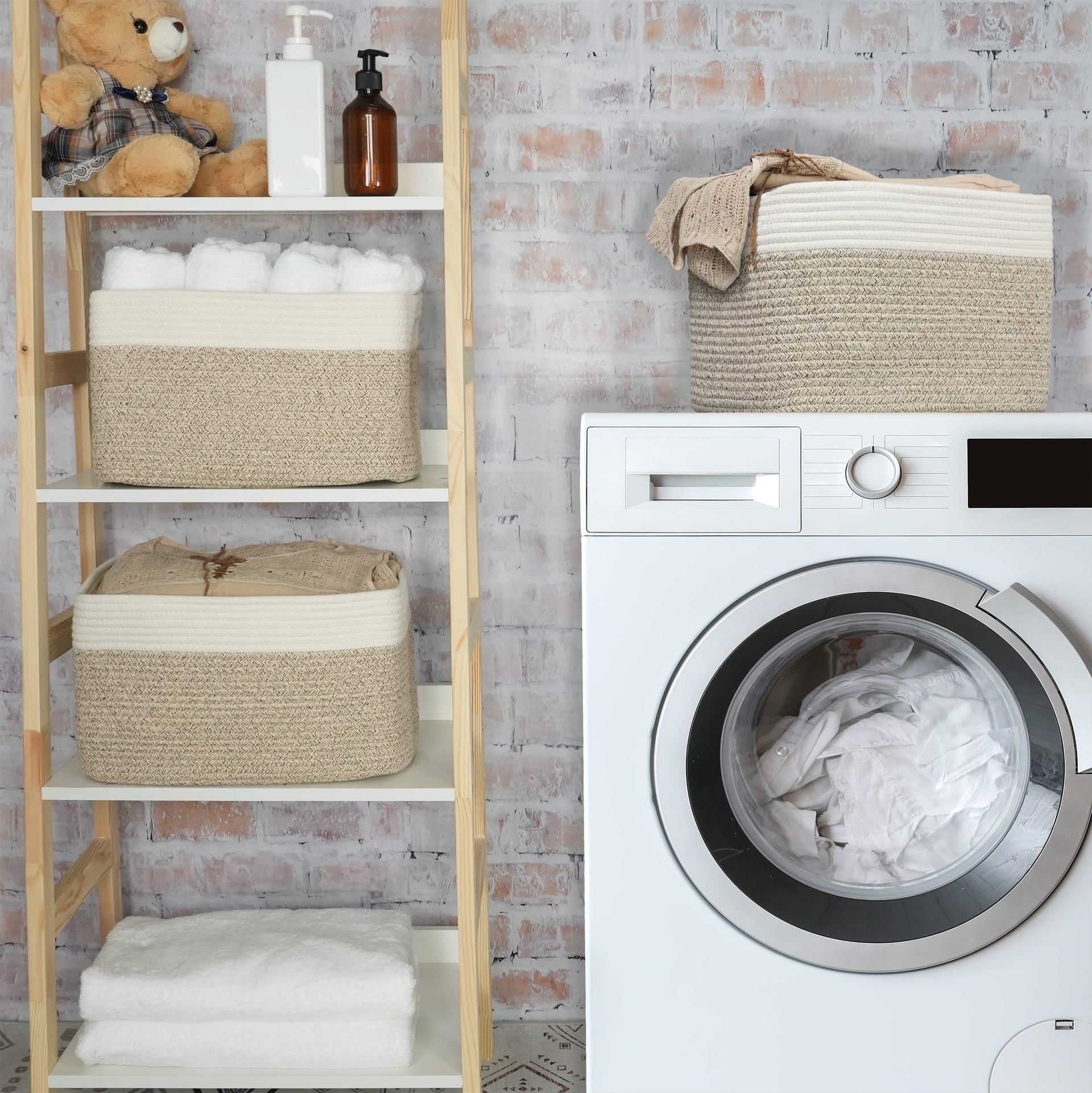 Woven Cotton Rope Storage Baskets 15x10x9.3" 3 Pack White and Brown