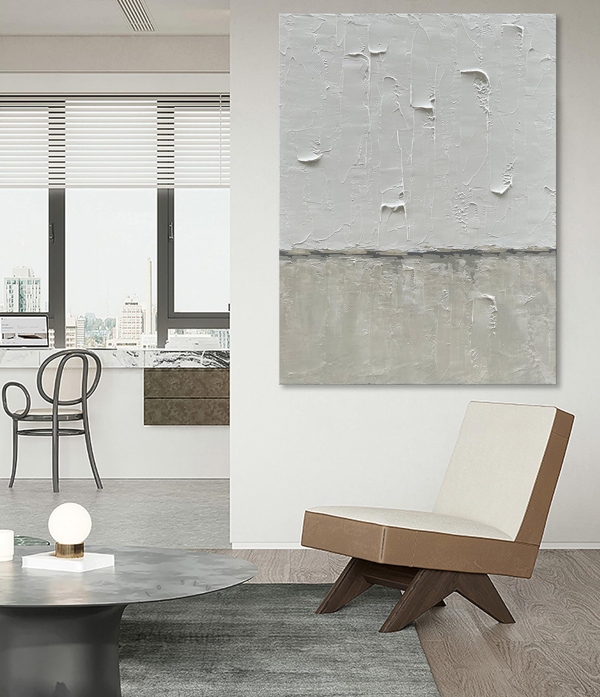Hand Painted Grey and White Art Canvas Paintings Minimalist Abstract Oil Painting Wall Art 40x28 Inch Art Home Decoration Wall Ready to Hang