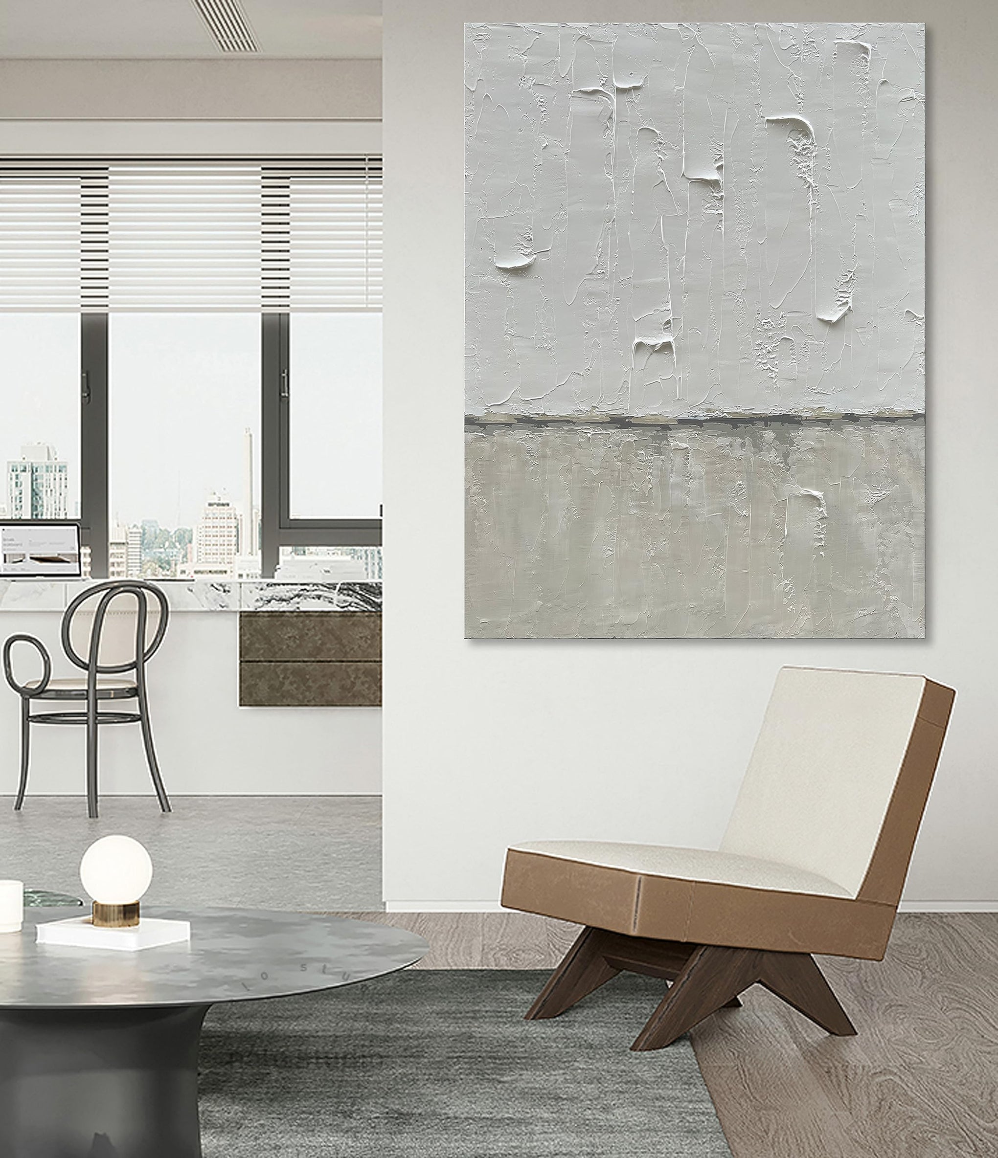 Hand Painted Grey and White Art Canvas Paintings Minimalist Abstract Oil Painting Wall Art 40x28 Inch Art Home Decoration Wall Ready to Hang