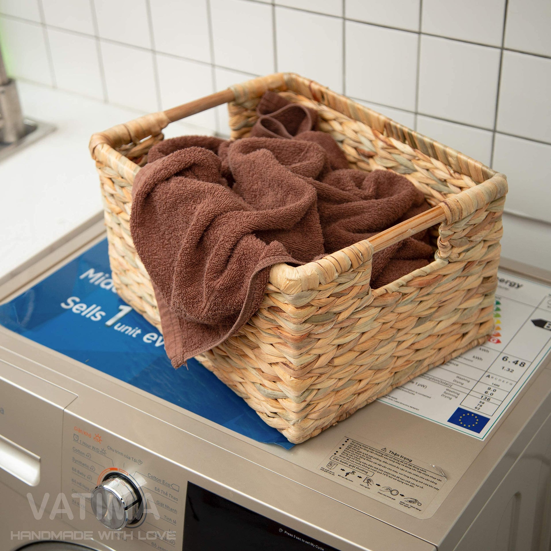 Large Wicker Basket Rectangular with Wooden Handles for Shelves (3 Count)