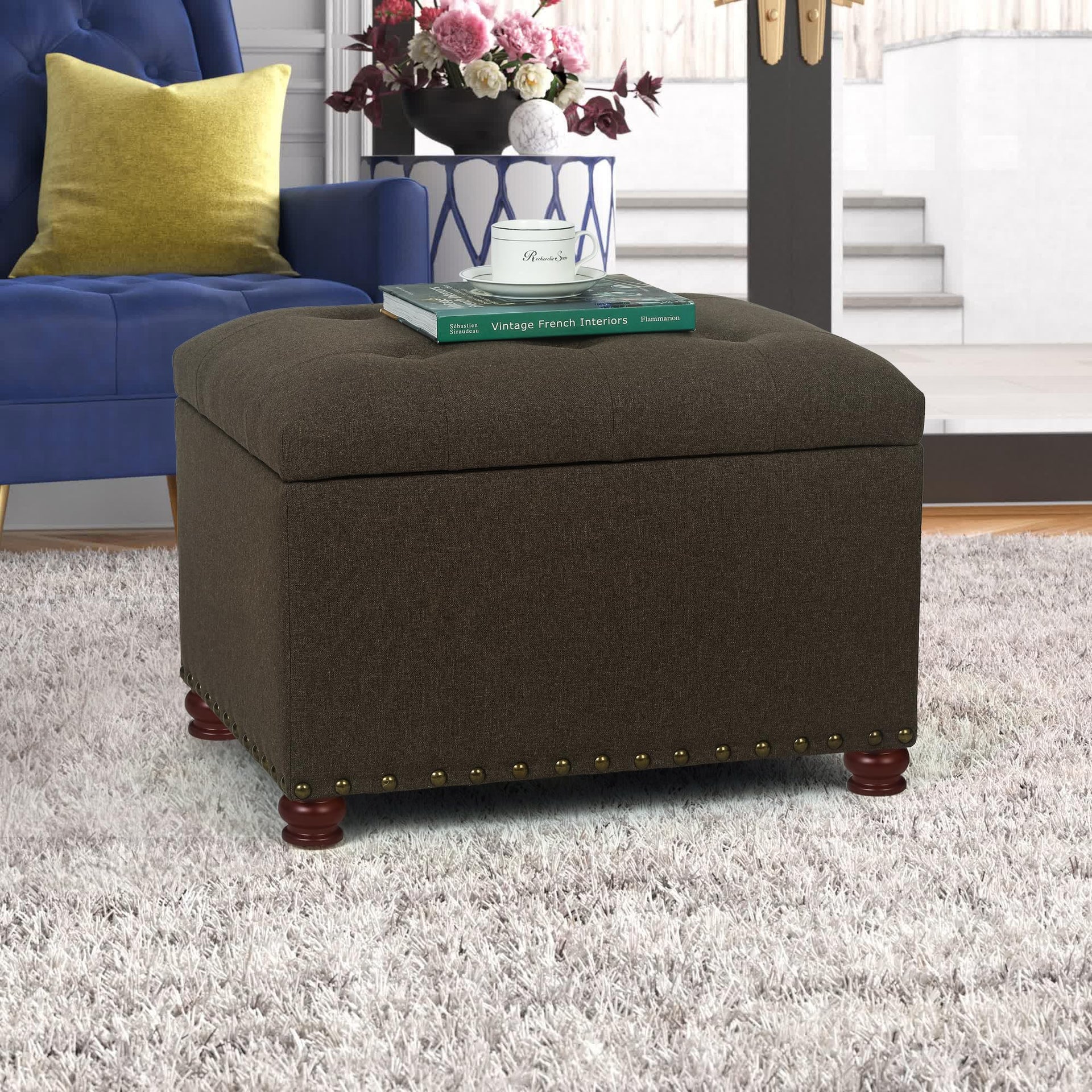 Storage Ottoman Linen Button Tufted Bench with Rivet