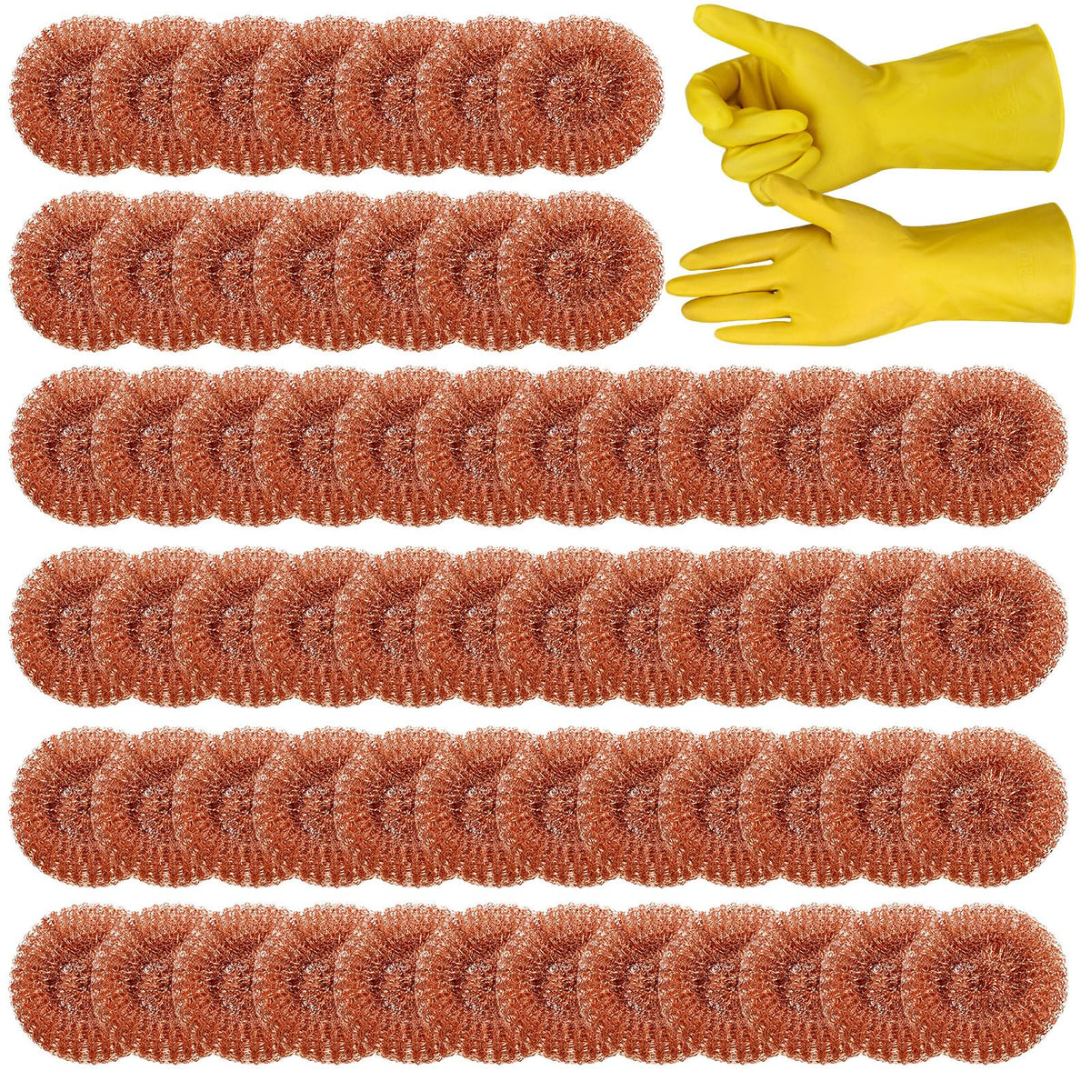 50 Pack Copper Coated Scourers Rust Resistant Scrubbing Scouring Pad with 1 Pair of Rubber Household Cleaning Gloves Heavy Duty Copper Mesh Scourer for Dishes