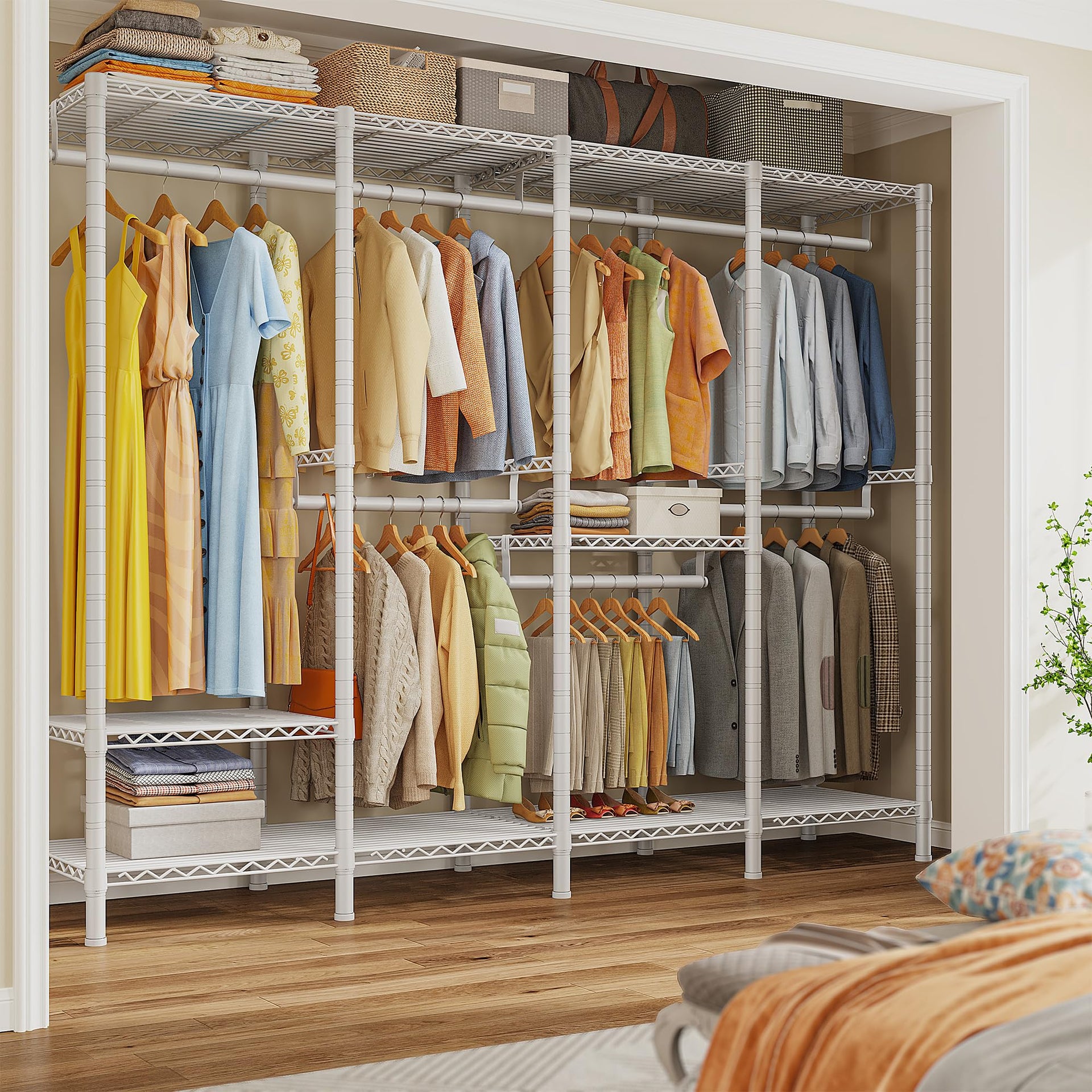 76.9" H Clothes Rack Heavy Duty Loads 1100 LBS Metal Clothing Racks for Hanging Clothes Adjustable Garment Rack White