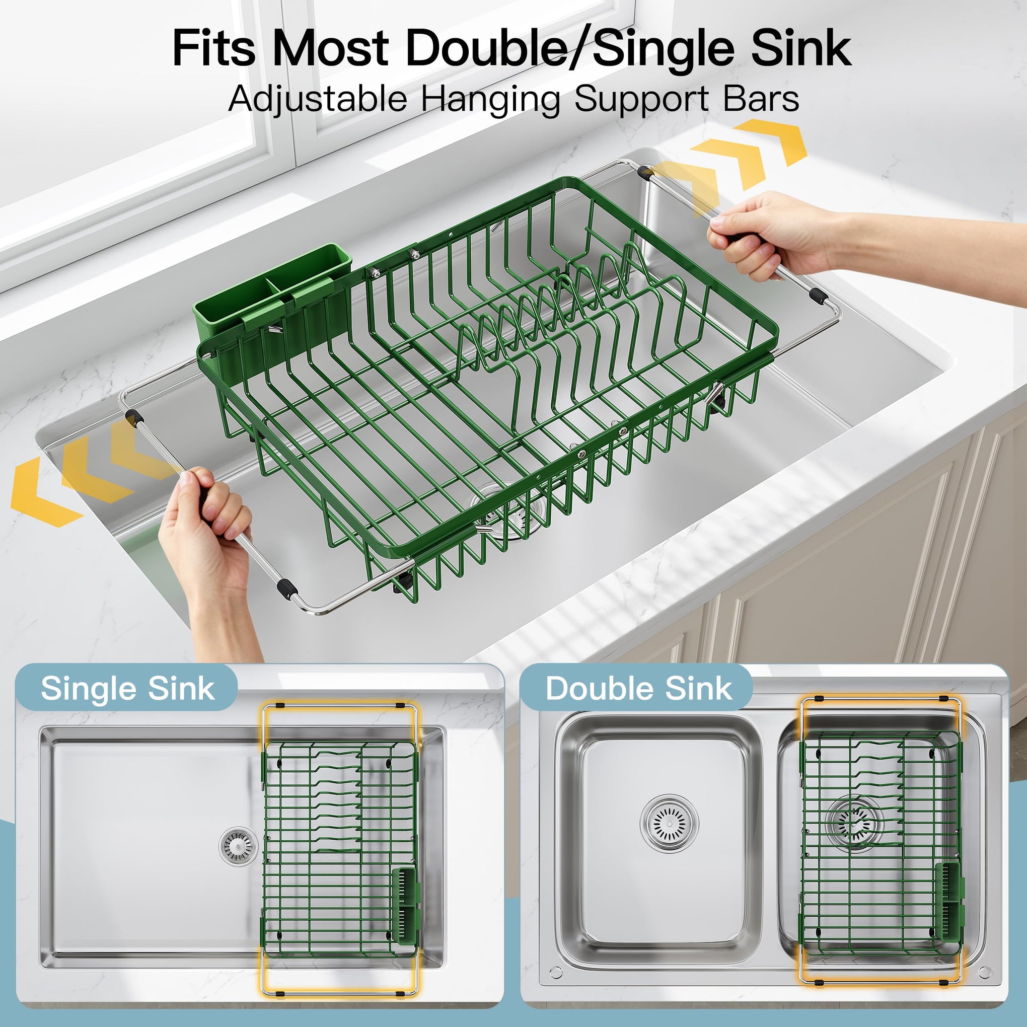 Green Dish Drying Rack Over the Sink with Utensil Holder