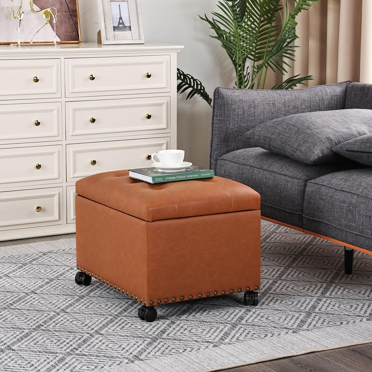 PU Leather Rolling Storage Ottoman