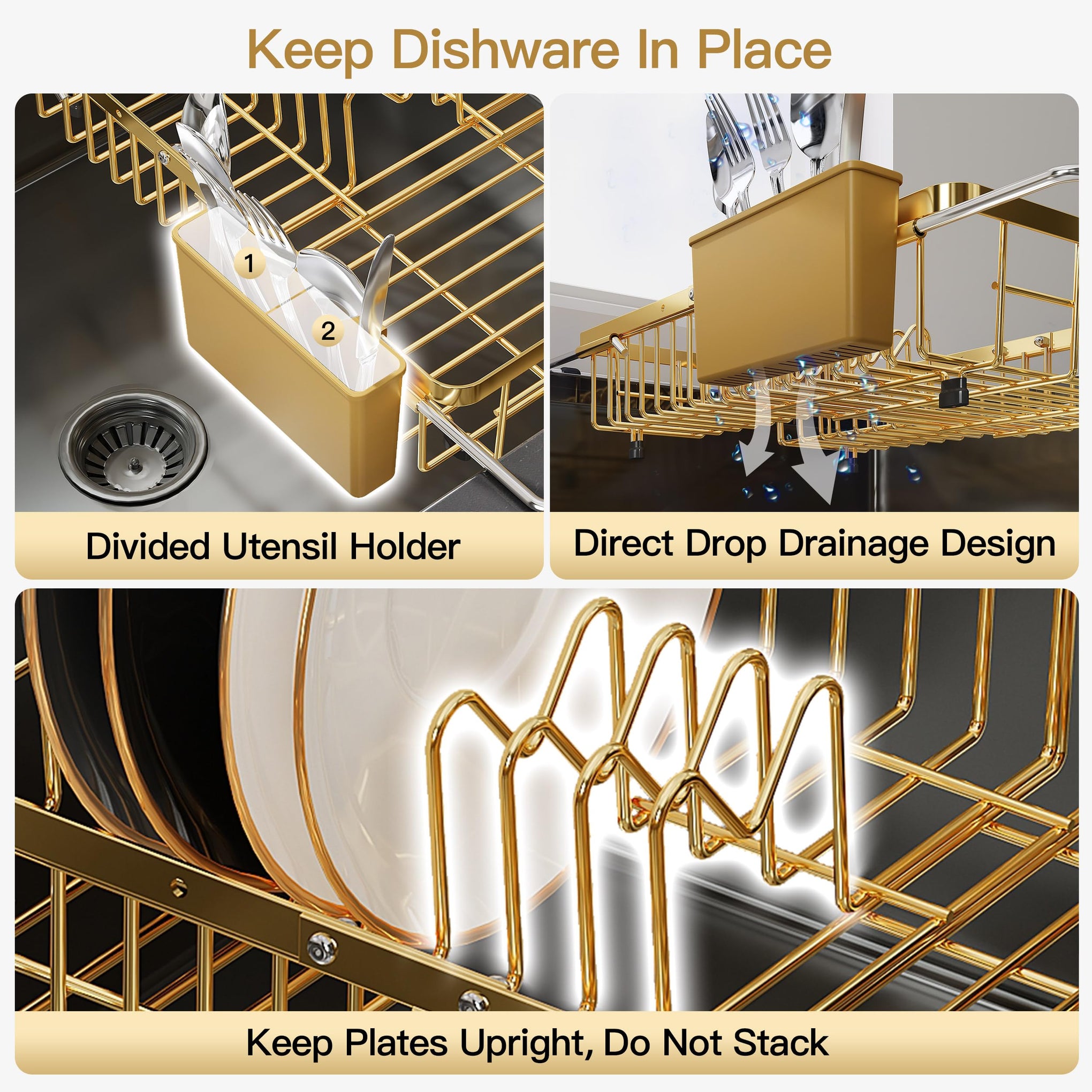 Gold Dish Drying Rack Over the Sink with Utensil Holder