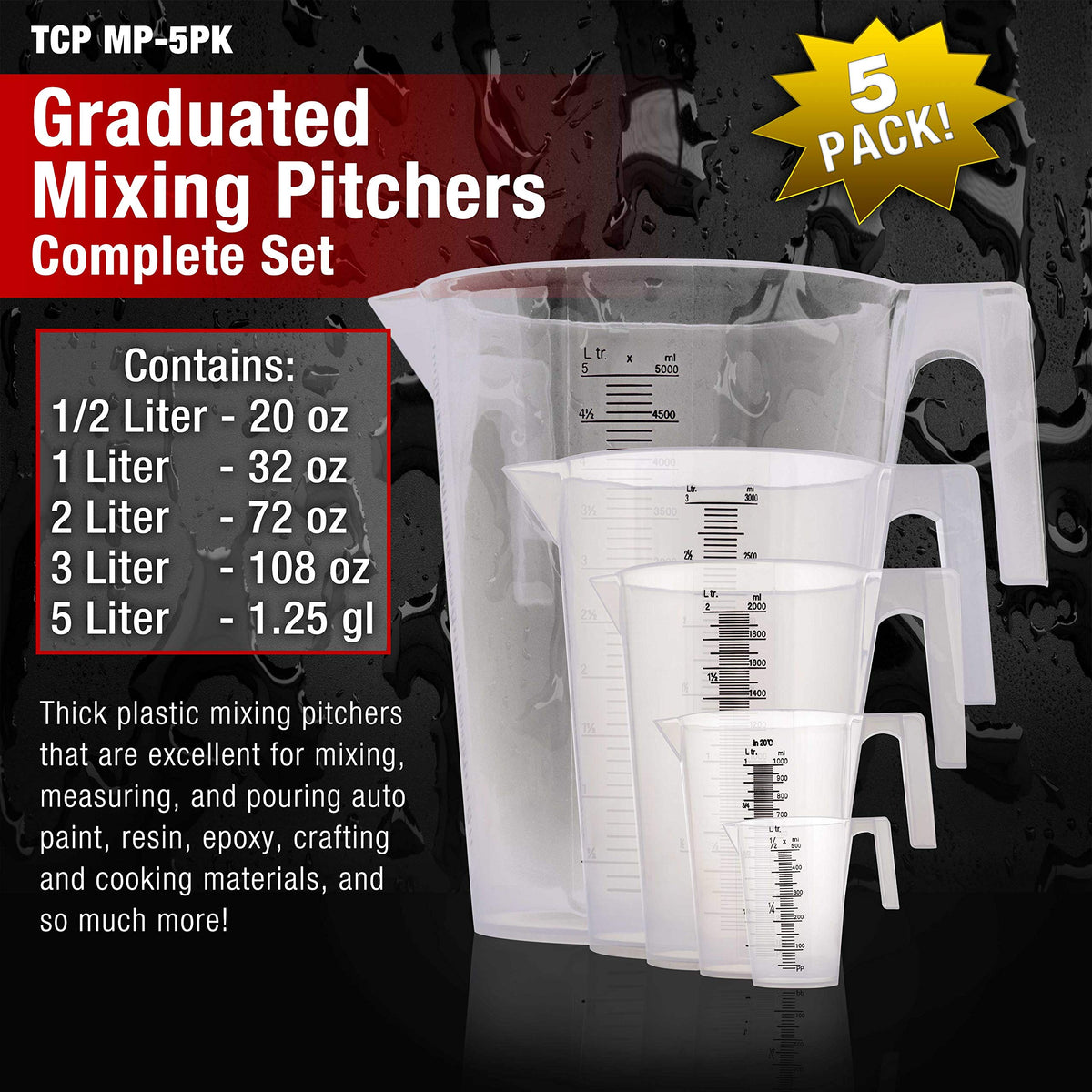 5 Piece Set of Plastic Graduated Measuring and Mixing Pitchers