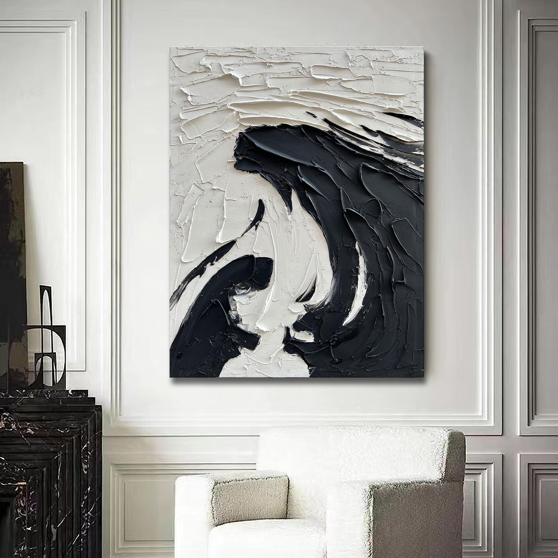 40x28 inch Minimalist Black and White Abstract Painting 100% Hand