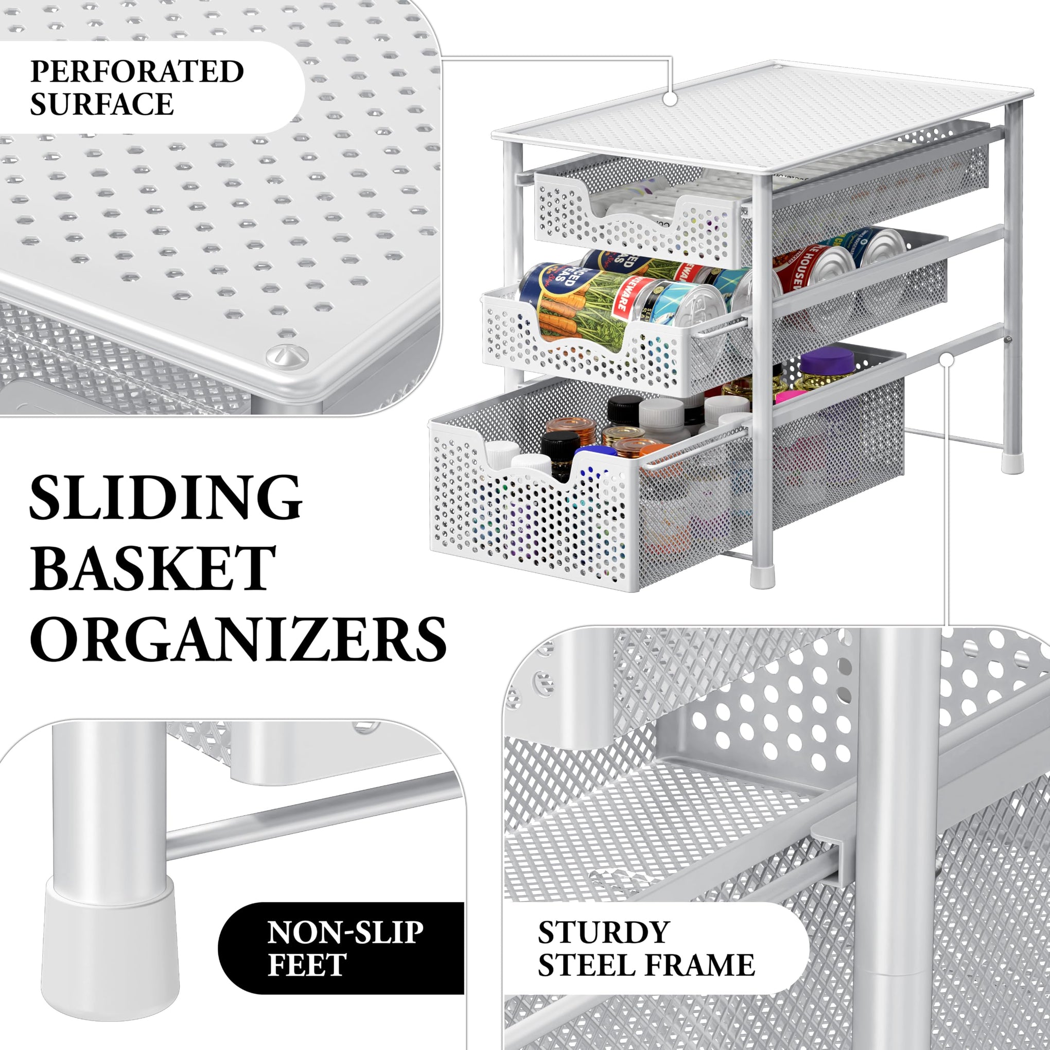 3 Tier White Alloy Steel Sliding Basket Organizer Drawer Cabinet