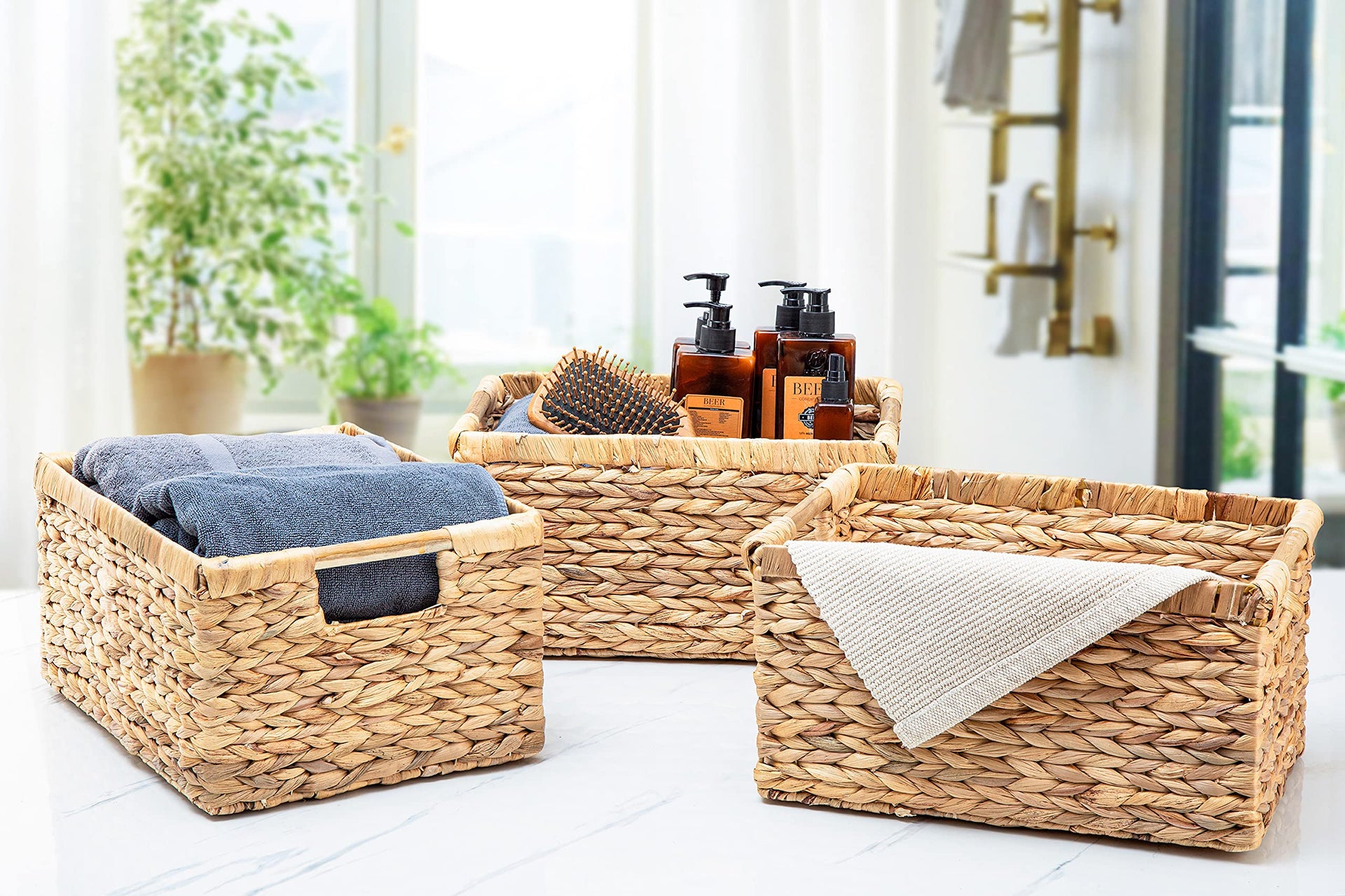 Large Wicker Basket Rectangular with Wooden Handles for Shelves (3 Count)