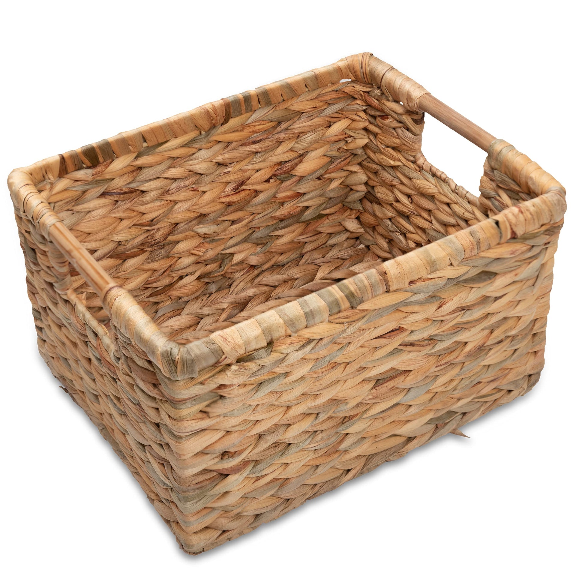 Large Rectangular Wicker Basket with Wooden Handles for Shelves and Storage