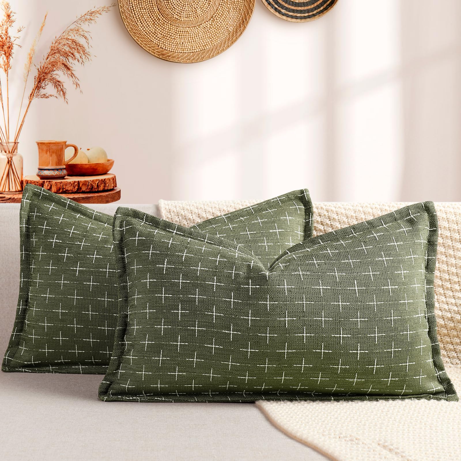 12x20 Pillow Covers Set of 2 Soft Polyester Textured Lumbar Pillow Covers with Stylish Flange Edge Cozy Farmhouse Throw Pillows for Couch Bed Sofa Living Room (2 Count)