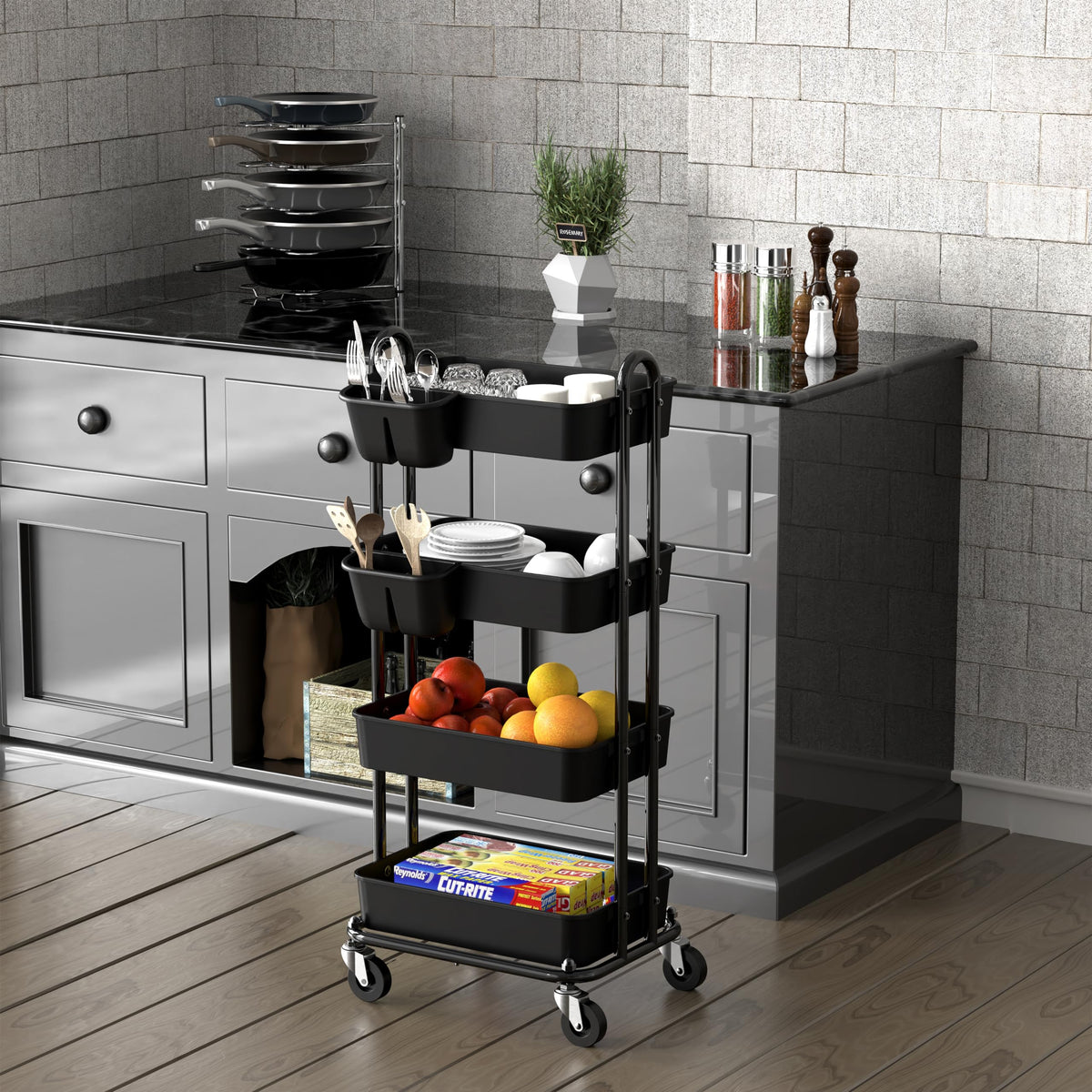 4 Tier Rolling Utility Cart with Hanging Bucket