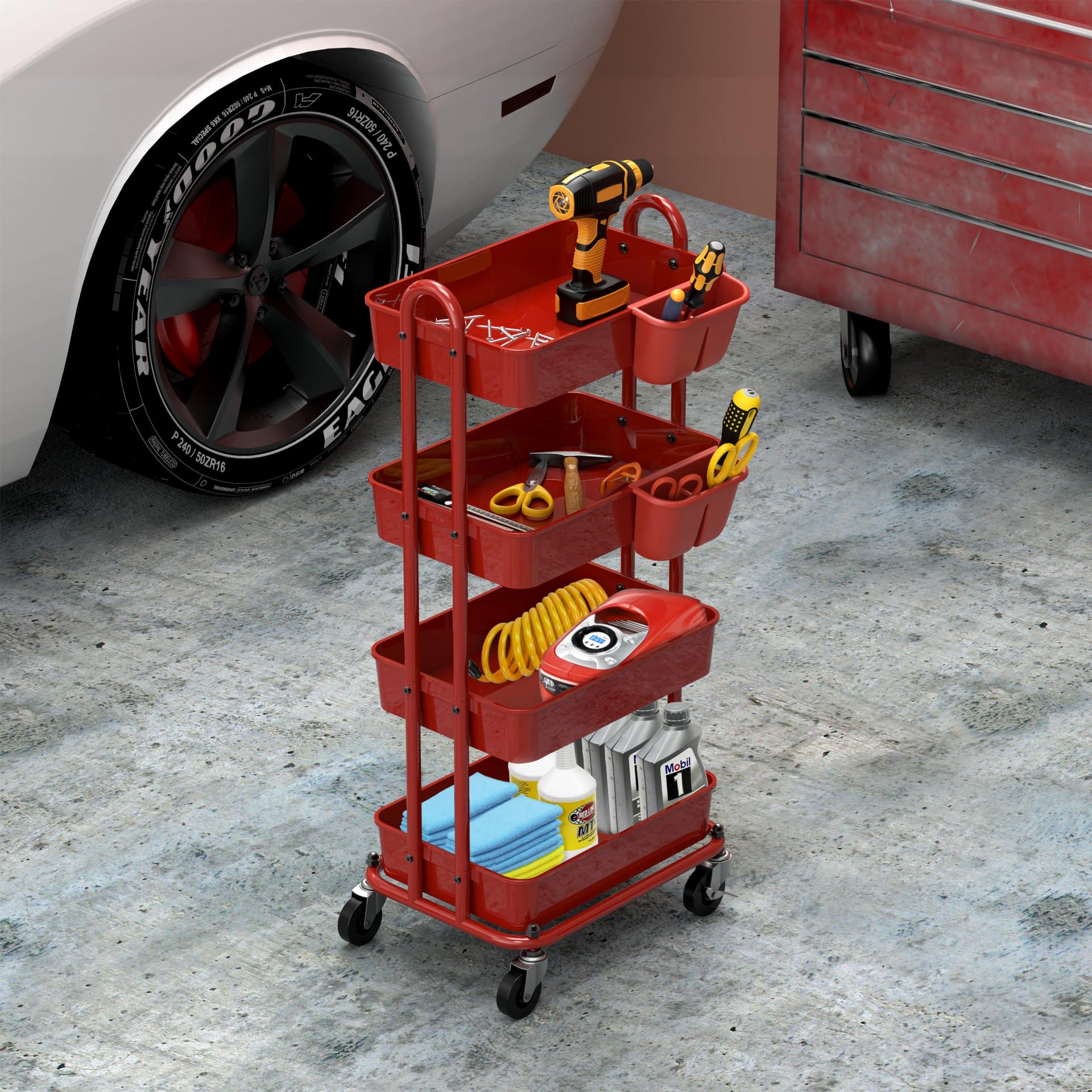 4 Tier Rolling Utility Cart with Hanging Bucket