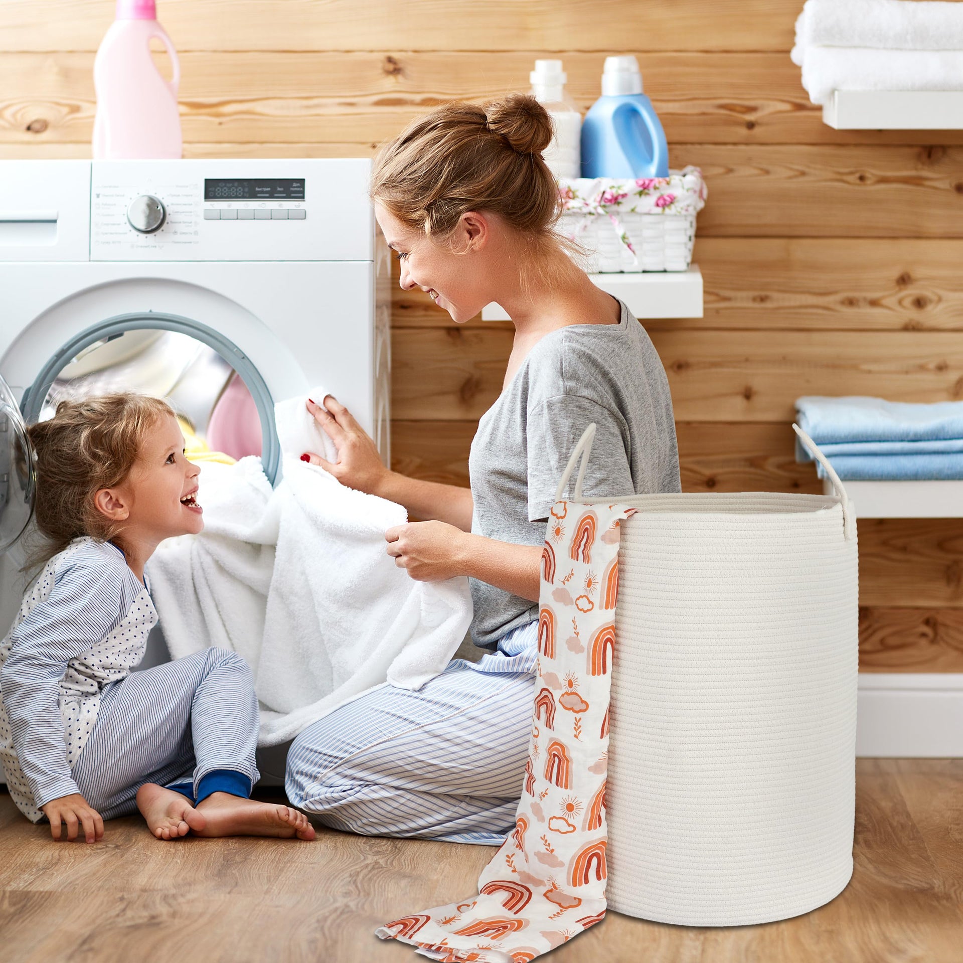 White Cotton Rope Laundry Basket Hamper for Clothes Large